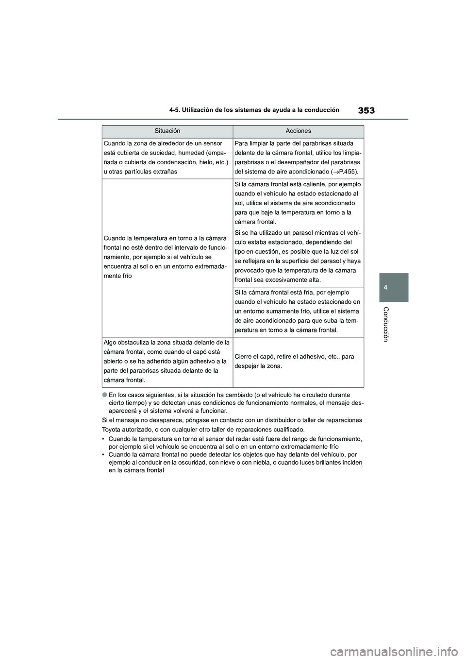 TOYOTA RAV4 2019 Manual del propietario (in Spanish) 353
4 4-5. Utilización de los sistemas de ayuda a la conducción
Conducción
●En los casos siguientes, si la situación ha cambiado (o el vehículo ha circulado durante
cierto tiempo) y se detecta TOYOTA RAV4 2019 Manual del propietario (in Spanish) 353
4 4-5. Utilización de los sistemas de ayuda a la conducción
Conducción
●En los casos siguientes, si la situación ha cambiado (o el vehículo ha circulado durante
cierto tiempo) y se detecta