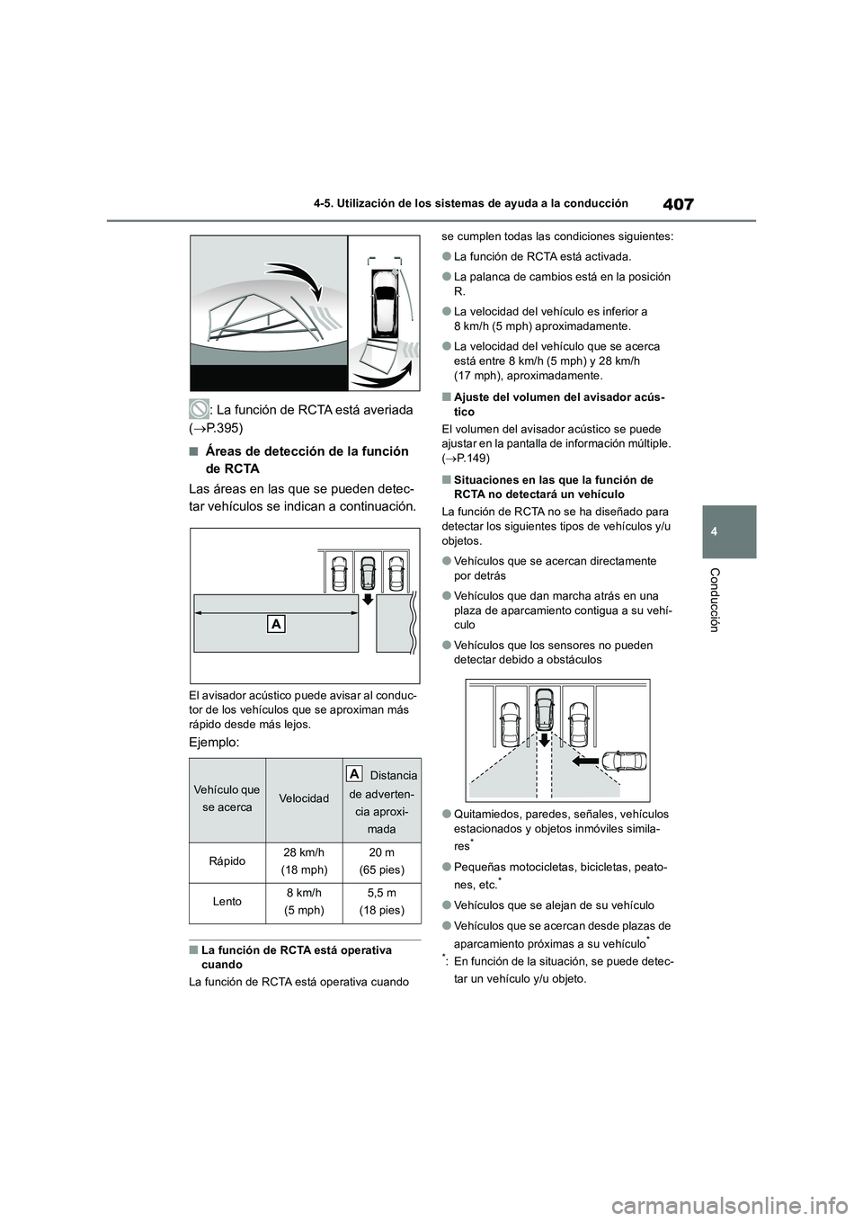 TOYOTA RAV4 2019  Manual del propietario (in Spanish) 407
4 4-5. Utilización de los sistemas de ayuda a la conducción
Conducción
: La función de RCTA está averiada 
(P.395)
■Áreas de detección de la función 
de RCTA
Las áreas en las que se 