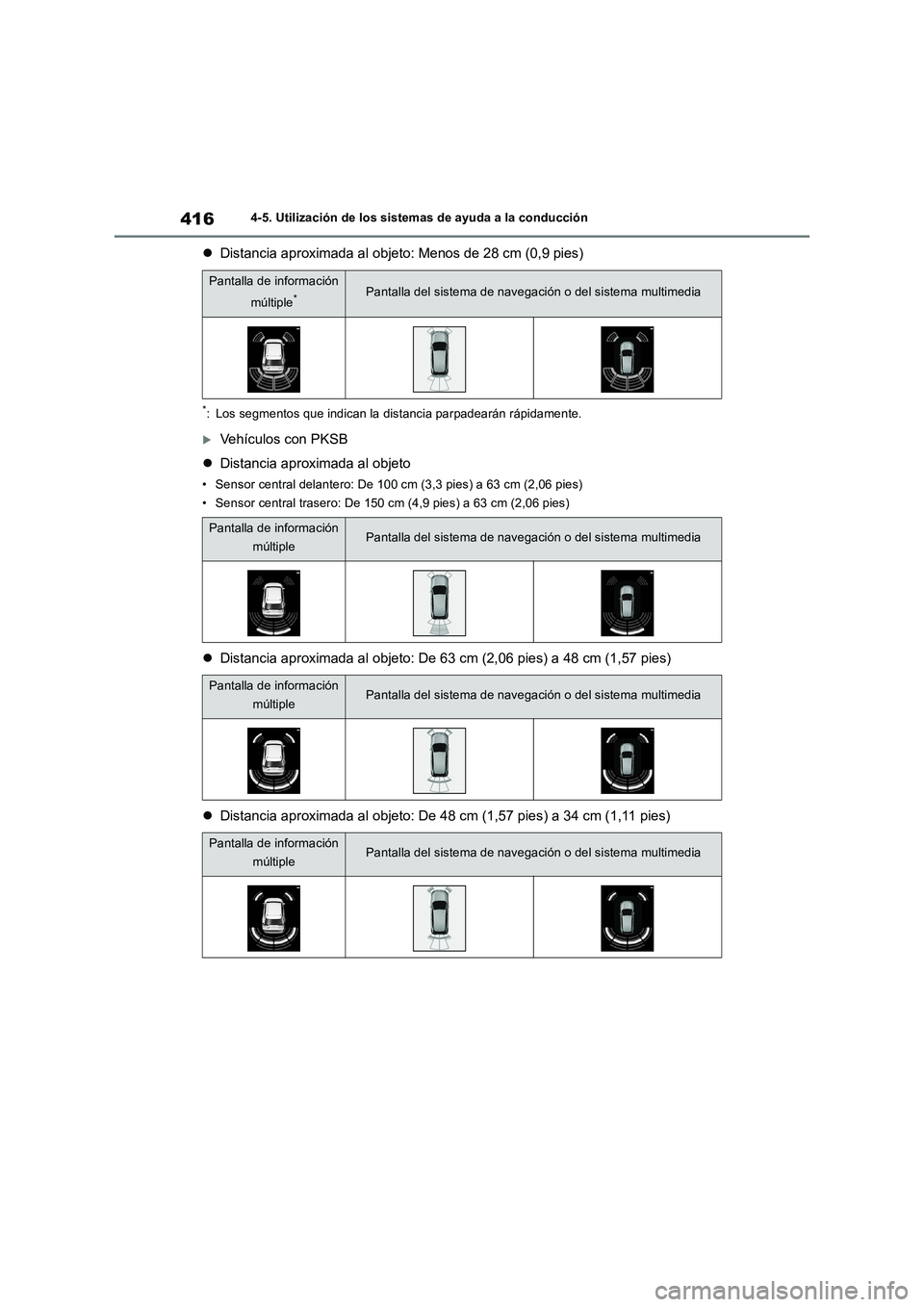 TOYOTA RAV4 2019 Manual del propietario (in Spanish) 4164-5. Utilización de los sistemas de ayuda a la conducción
Distancia aproximada al objeto: Menos de 28 cm (0,9 pies)
*: Los segmentos que indican la distancia parpadearán rápidamente.
Veh TOYOTA RAV4 2019 Manual del propietario (in Spanish) 4164-5. Utilización de los sistemas de ayuda a la conducción
Distancia aproximada al objeto: Menos de 28 cm (0,9 pies)
*: Los segmentos que indican la distancia parpadearán rápidamente.
Veh