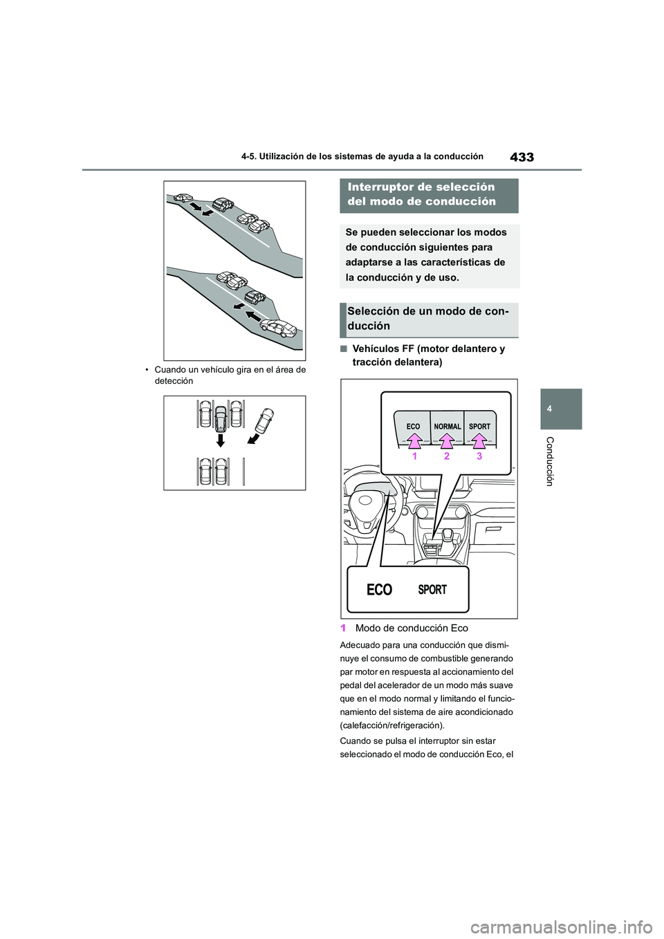 TOYOTA RAV4 2019  Manual del propietario (in Spanish) 433
4 
4-5. Utilización de los sistemas de ayuda a la conducción
Conducción
• Cuando un vehículo gira en el área de  
detección
■Vehículos FF (motor delantero y  
tracción delantera) 
1 Mo