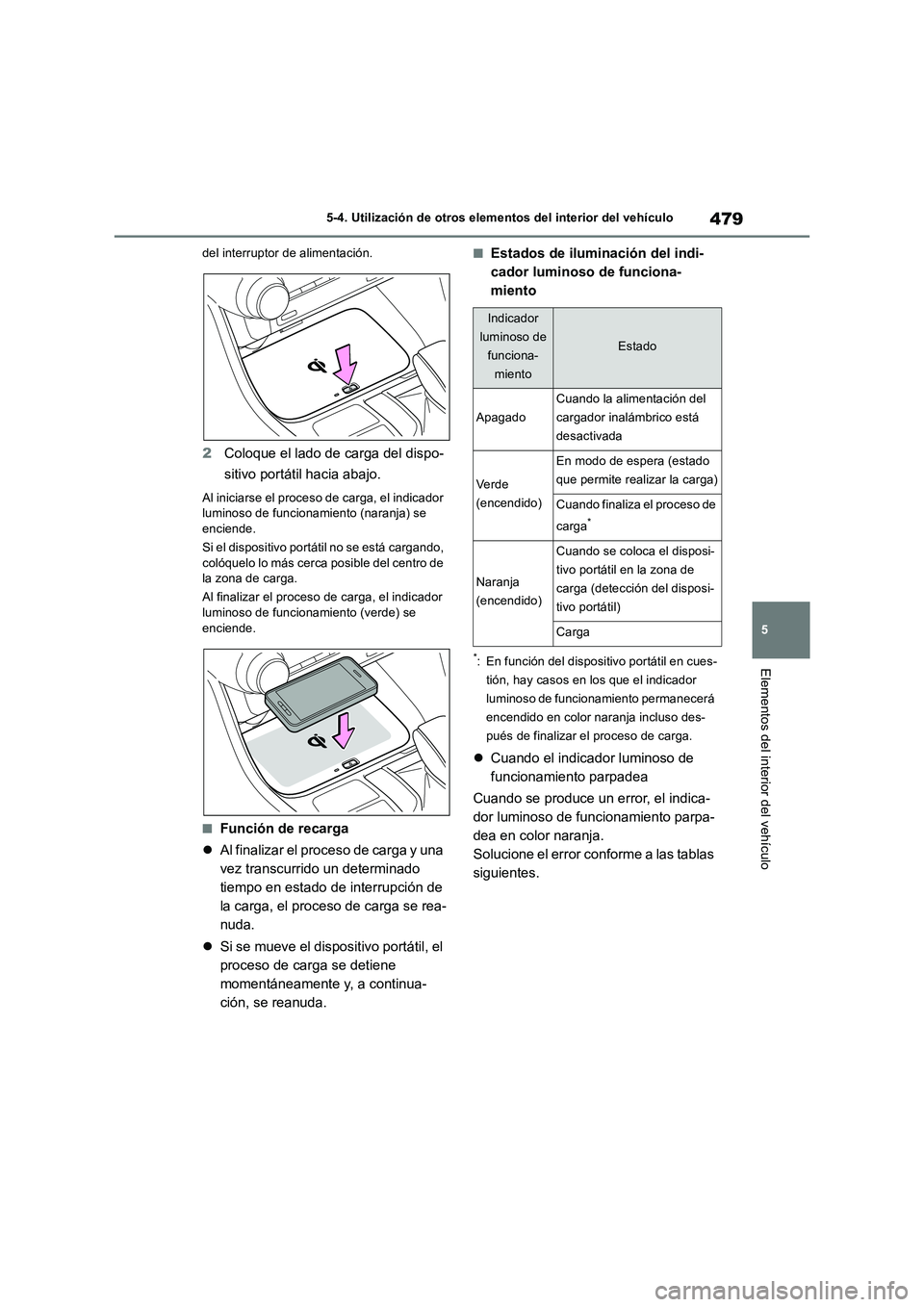 TOYOTA RAV4 2019  Manual del propietario (in Spanish) 479
5 5-4. Utilización de otros elementos del interior del vehículo
Elementos del interior del vehículo
del interruptor de alimentación.
2Coloque el lado de carga del dispo-
sitivo portátil hacia
