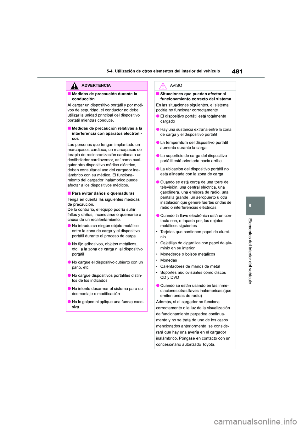 TOYOTA RAV4 2019 Manual del propietario (in Spanish) 481
5
5-4. Utilización de otros elementos del interior del vehículo
Elementos del interior del vehículo
ADVERTENCIA
■Medidas de precaución durante la
conducción
Al cargar un dispositivo por TOYOTA RAV4 2019 Manual del propietario (in Spanish) 481
5
5-4. Utilización de otros elementos del interior del vehículo
Elementos del interior del vehículo
ADVERTENCIA
■Medidas de precaución durante la
conducción
Al cargar un dispositivo por