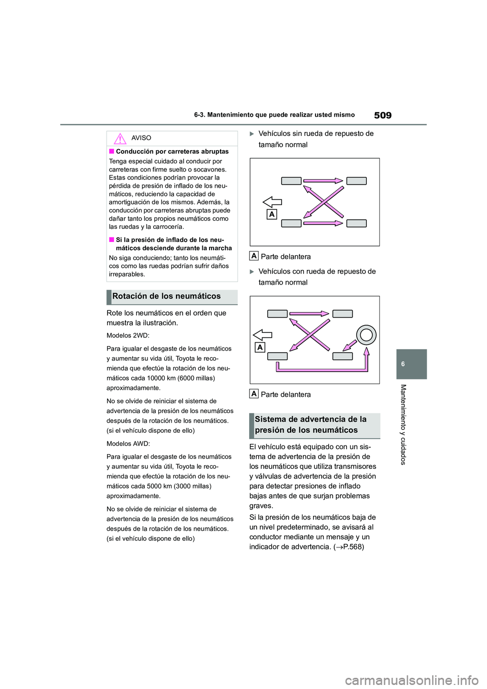 TOYOTA RAV4 2019 Manual del propietario (in Spanish) 509
6
6-3. Mantenimiento que puede realizar usted mismo
Mantenimiento y cuidados
Rote los neumáticos en el orden que
muestra la ilustración.
Modelos 2WD:
Para igualar el desgaste de los neumáti TOYOTA RAV4 2019 Manual del propietario (in Spanish) 509
6
6-3. Mantenimiento que puede realizar usted mismo
Mantenimiento y cuidados
Rote los neumáticos en el orden que
muestra la ilustración.
Modelos 2WD:
Para igualar el desgaste de los neumáti