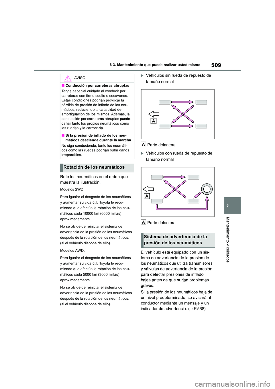 TOYOTA RAV4 2019  Manual del propietario (in Spanish) 509
6 
6-3. Mantenimiento que puede realizar usted mismo
Mantenimiento y cuidados
Rote los neumáticos en el orden que  
muestra la ilustración.
Modelos 2WD: 
Para igualar el desgaste de los neumáti