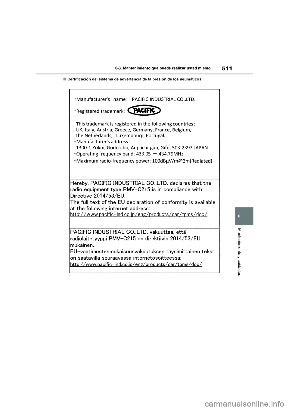 TOYOTA RAV4 2019  Manual del propietario (in Spanish) 511
6 6-3. Mantenimiento que puede realizar usted mismo
Mantenimiento y cuidados
■Certificación del sistema de advertencia de la presión de los neumáticos 