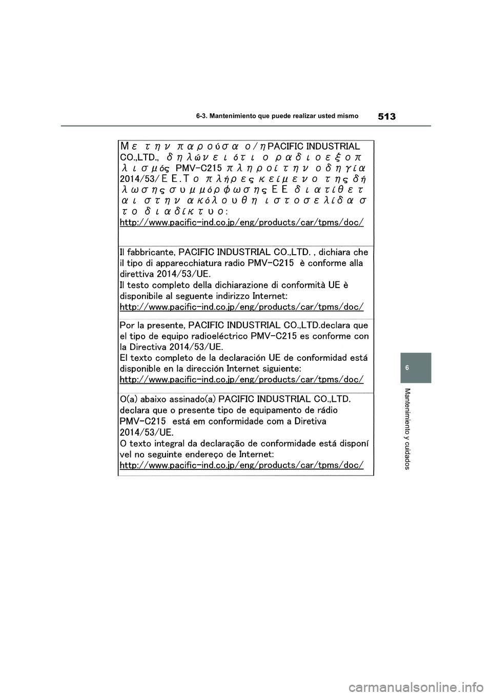 TOYOTA RAV4 2019  Manual del propietario (in Spanish) 513
6 6-3. Mantenimiento que puede realizar usted mismo
Mantenimiento y cuidados 