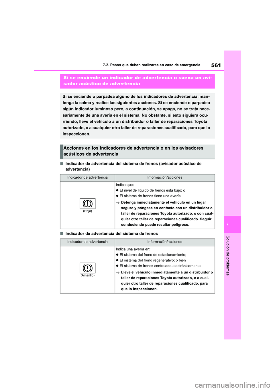 TOYOTA RAV4 2019  Manual del propietario (in Spanish) 561
7 
7-2. Pasos que deben realizarse en caso de emergencia
Solución de problemas
■Indicador de advertencia del sistema de frenos (avisador acústico de  
advertencia)
■Indicador de advertencia 