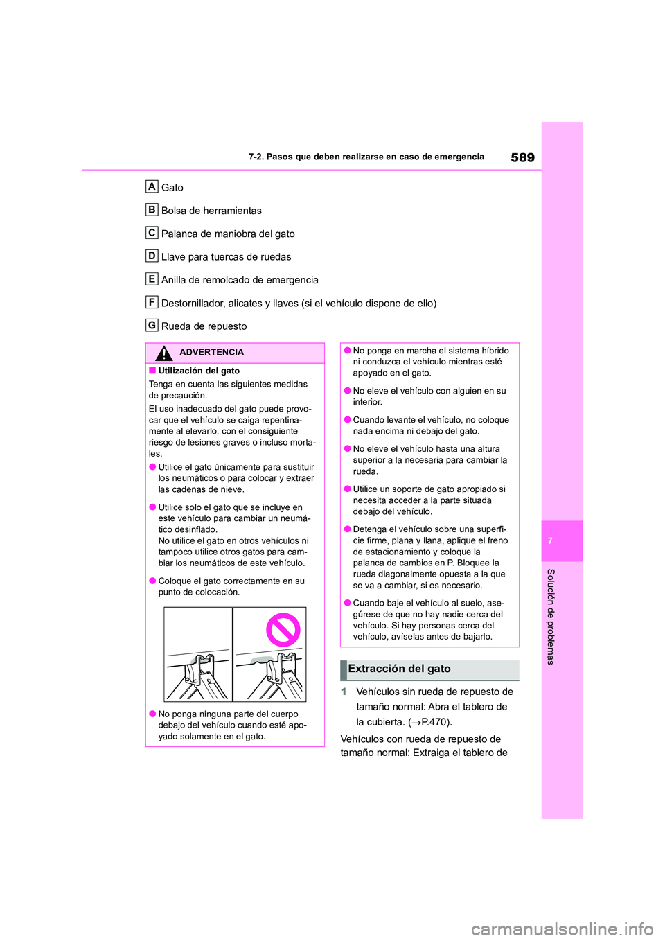 TOYOTA RAV4 2019 Manual del propietario (in Spanish) 589
7
7-2. Pasos que deben realizarse en caso de emergencia
Solución de problemas
Gato
Bolsa de herramientas
Palanca de maniobra del gato
Llave para tuercas de ruedas
Anilla de remolcado de emerg TOYOTA RAV4 2019 Manual del propietario (in Spanish) 589
7
7-2. Pasos que deben realizarse en caso de emergencia
Solución de problemas
Gato
Bolsa de herramientas
Palanca de maniobra del gato
Llave para tuercas de ruedas
Anilla de remolcado de emerg