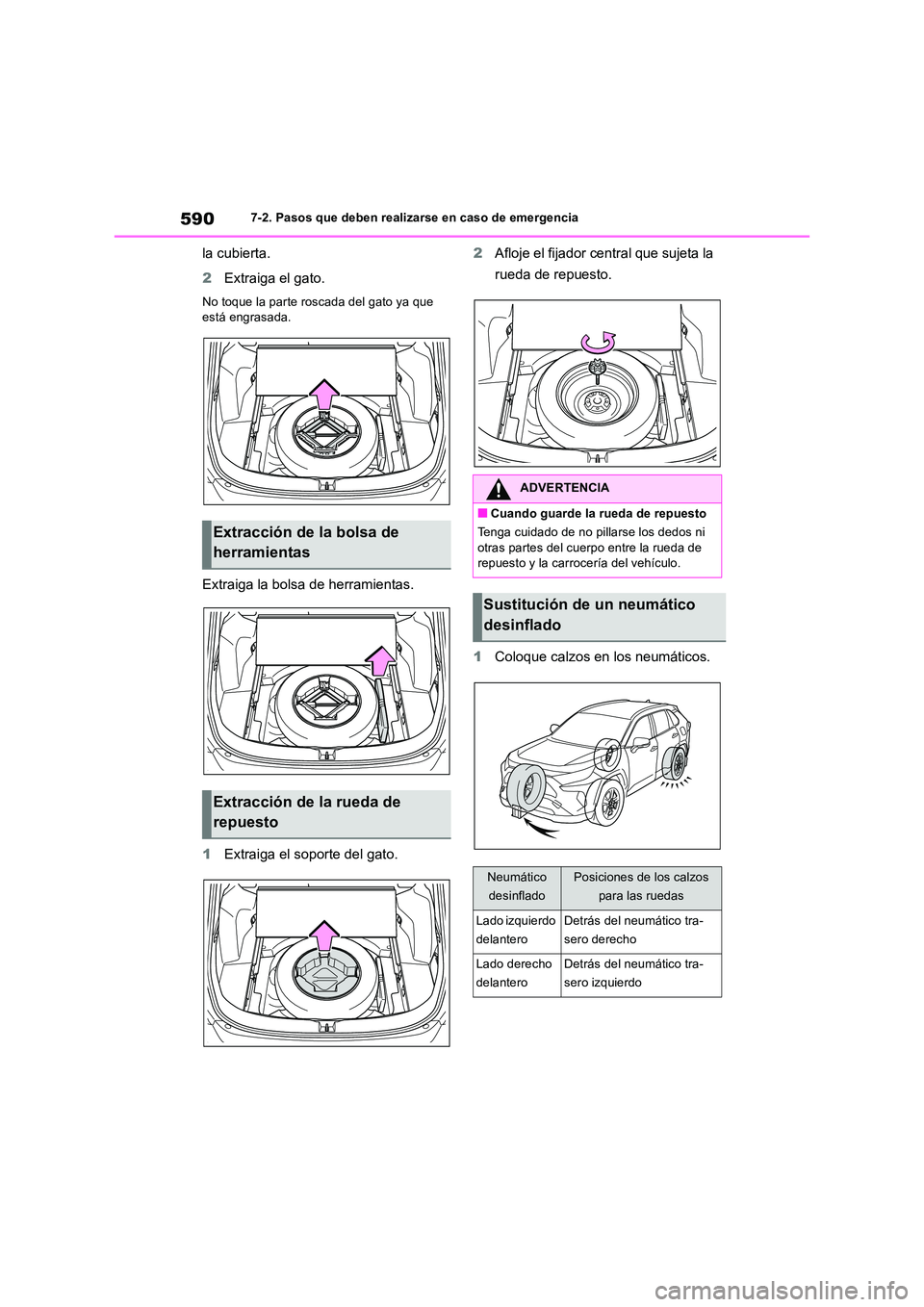 TOYOTA RAV4 2019 Manual del propietario (in Spanish) 5907-2. Pasos que deben realizarse en caso de emergencia
la cubierta.
2 Extraiga el gato.
No toque la parte roscada del gato ya que está engrasada.
Extraiga la bolsa de herramientas.
1 Extraiga el TOYOTA RAV4 2019 Manual del propietario (in Spanish) 5907-2. Pasos que deben realizarse en caso de emergencia
la cubierta.
2 Extraiga el gato.
No toque la parte roscada del gato ya que está engrasada.
Extraiga la bolsa de herramientas.
1 Extraiga el