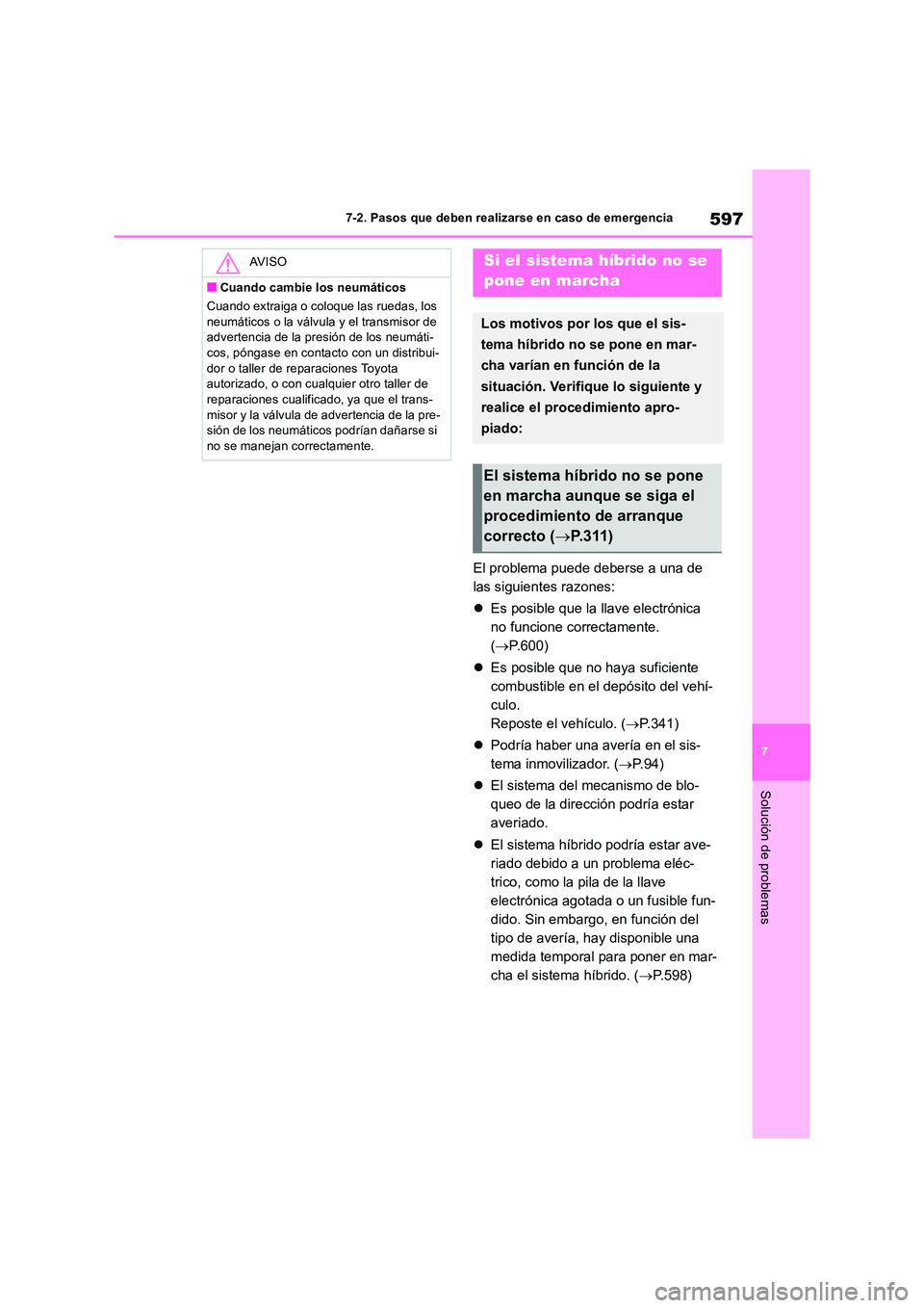 TOYOTA RAV4 2019  Manual del propietario (in Spanish) 597
7 
7-2. Pasos que deben realizarse en caso de emergencia
Solución de problemas
El problema puede deberse a una de  
las siguientes razones: 
 Es posible que la llave electrónica  
no funcione