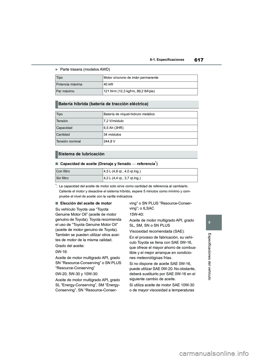 TOYOTA RAV4 2019  Manual del propietario (in Spanish) 617
8 8-1. Especificaciones
Especificaciones del vehículo
Parte trasera (modelos AWD)
■Capacidad de aceite (Drenaje y llenado  referencia*)
*: La capacidad del aceite de motor solo sirve como