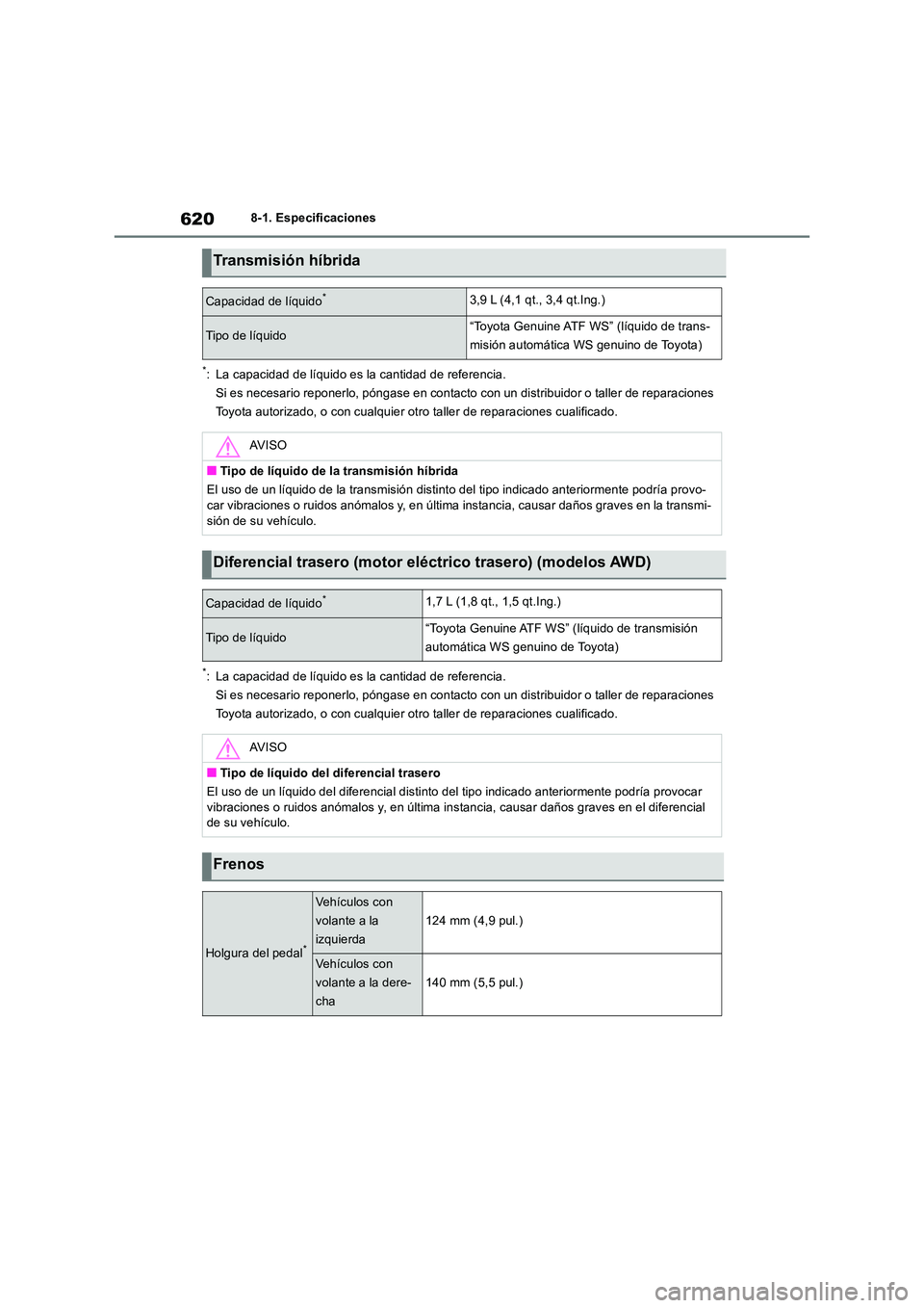 TOYOTA RAV4 2019 Manual del propietario (in Spanish) 6208-1. Especificaciones
*: La capacidad de líquido es la cantidad de referencia.
Si es necesario reponerlo, póngase en contacto con un distribuidor o taller de reparaciones
Toyota autorizado, o TOYOTA RAV4 2019 Manual del propietario (in Spanish) 6208-1. Especificaciones
*: La capacidad de líquido es la cantidad de referencia.
Si es necesario reponerlo, póngase en contacto con un distribuidor o taller de reparaciones
Toyota autorizado, o