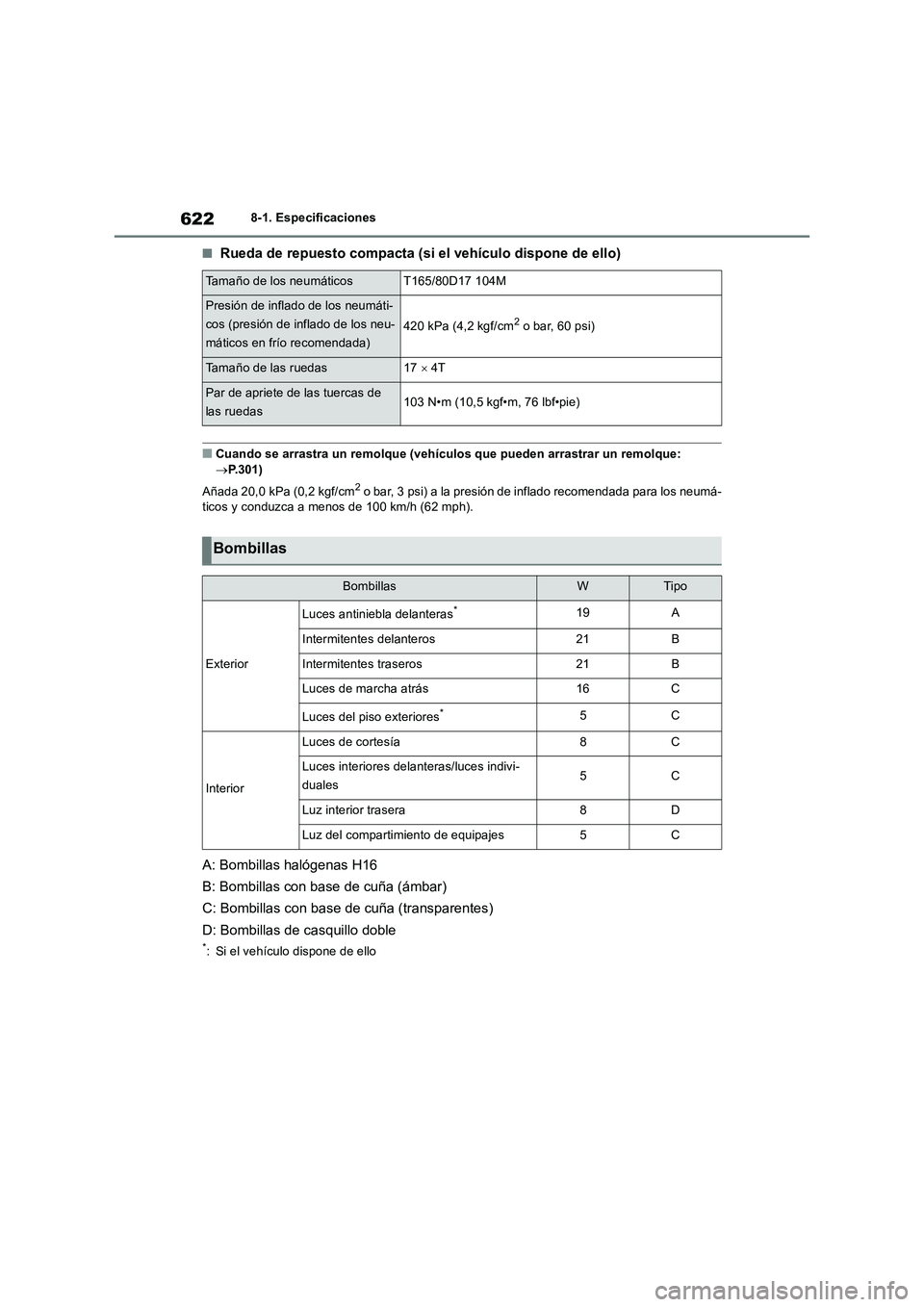 TOYOTA RAV4 2019 Manual del propietario (in Spanish) 6228-1. Especificaciones
■Rueda de repuesto compacta (si el vehículo dispone de ello)
■Cuando se arrastra un remolque (vehículos que pueden arrastrar un remolque:
P.301)
Añada 20,0 kPa (0,2 TOYOTA RAV4 2019 Manual del propietario (in Spanish) 6228-1. Especificaciones
■Rueda de repuesto compacta (si el vehículo dispone de ello)
■Cuando se arrastra un remolque (vehículos que pueden arrastrar un remolque:
P.301)
Añada 20,0 kPa (0,2
