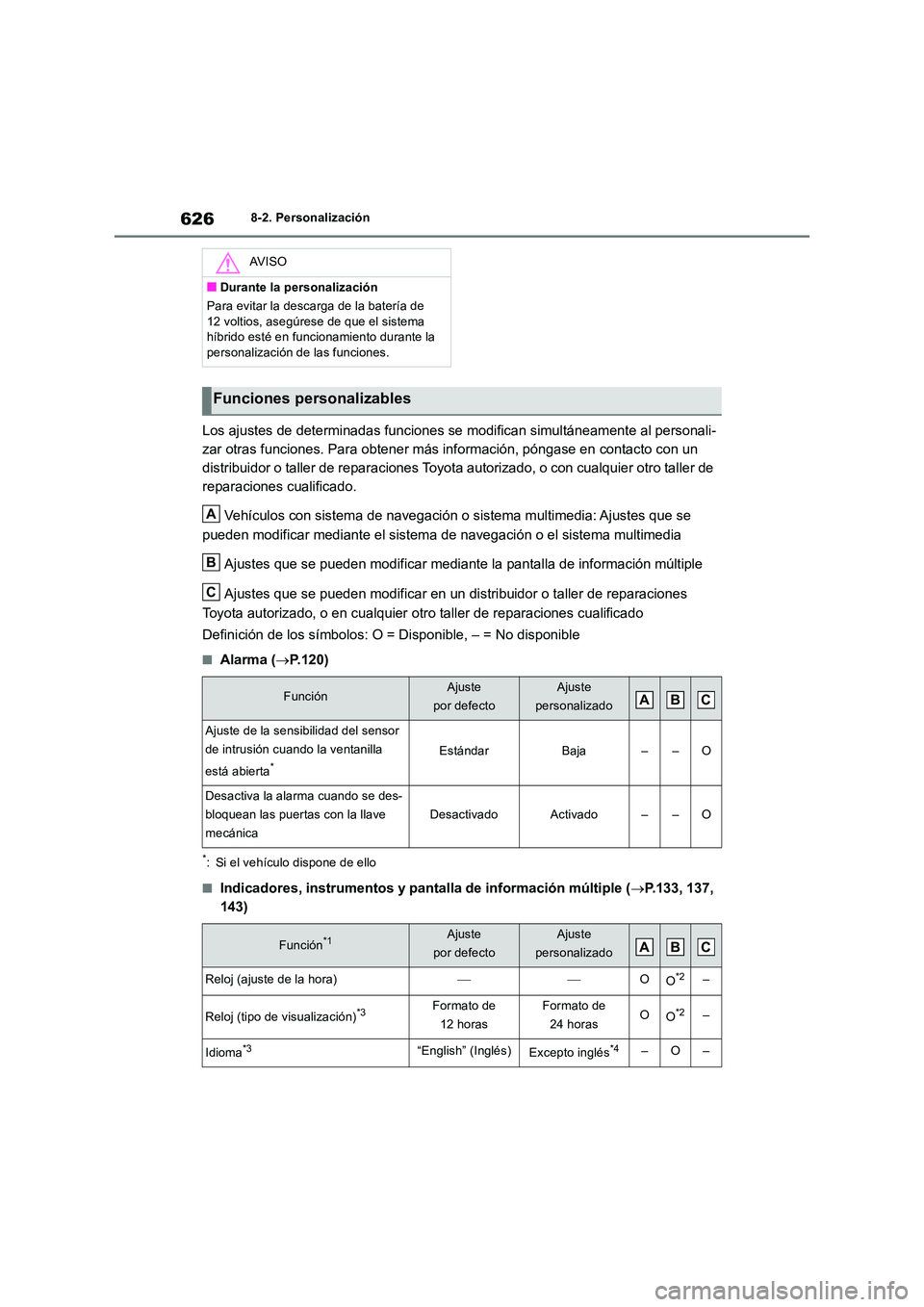 TOYOTA RAV4 2019 Manual del propietario (in Spanish) 6268-2. Personalización
Los ajustes de determinadas funciones se modifican simultáneamente al personali-
zar otras funciones. Para obtener más información, póngase en contacto con un
distribuid TOYOTA RAV4 2019 Manual del propietario (in Spanish) 6268-2. Personalización
Los ajustes de determinadas funciones se modifican simultáneamente al personali-
zar otras funciones. Para obtener más información, póngase en contacto con un
distribuid