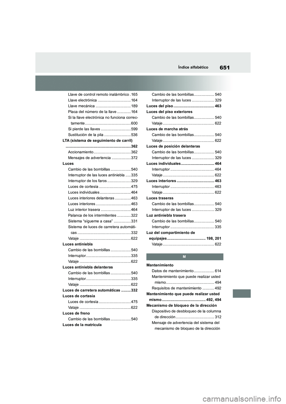 TOYOTA RAV4 2019 Manual del propietario (in Spanish) 651Índice alfabético
Llave de control remoto inalámbrico . 165
Llave electrónica ............................... 164
Llave mecánica ................................. 189
Placa del número de la l TOYOTA RAV4 2019 Manual del propietario (in Spanish) 651Índice alfabético
Llave de control remoto inalámbrico . 165
Llave electrónica ............................... 164
Llave mecánica ................................. 189
Placa del número de la l