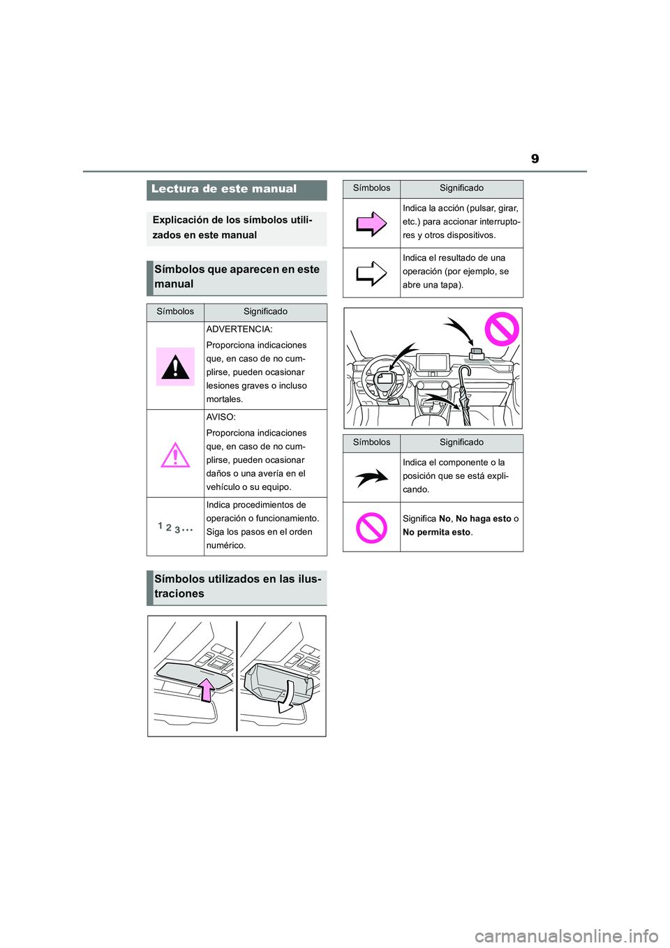 TOYOTA RAV4 2019  Manual del propietario (in Spanish) 9
Lectura de este manual
Explicación de los símbolos utili-
zados en este manual
Símbolos que aparecen en este 
manual
SímbolosSignificado
ADVERTENCIA:
Proporciona indicaciones 
que, en caso de no