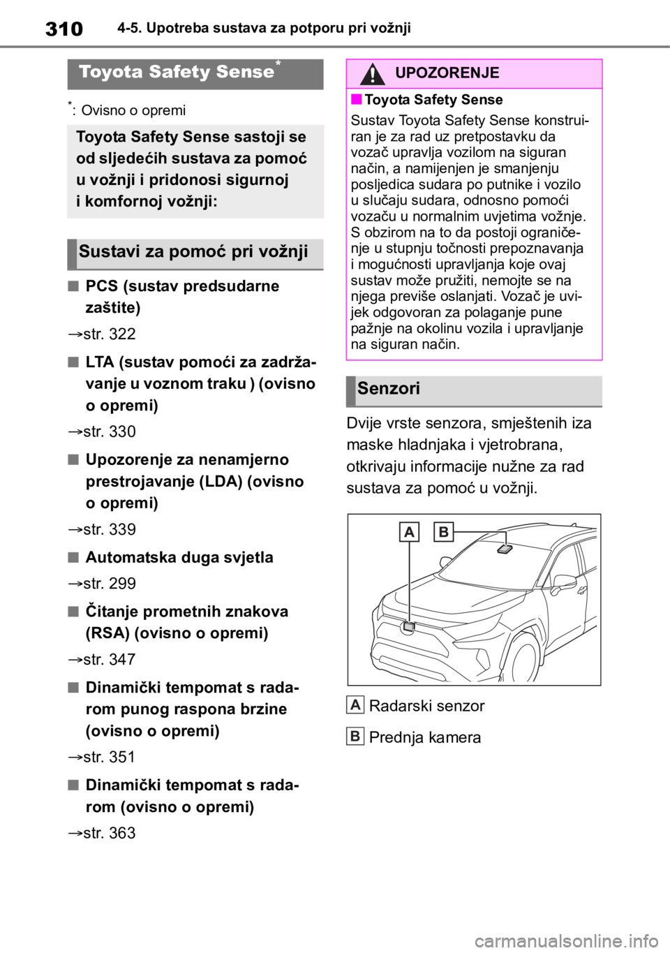 TOYOTA RAV4 2019  Upute Za Rukovanje (in Croatian) 3104-5. Upotreba sustava za potporu pri vožnji
4-5.Upotreba sustava za potporu pri vožnji
*: Ovisno o opremi
■PCS (sustav predsudarne 
zaštite)
str. 322
■LTA (sustav pomoći za zadrža-
vanj