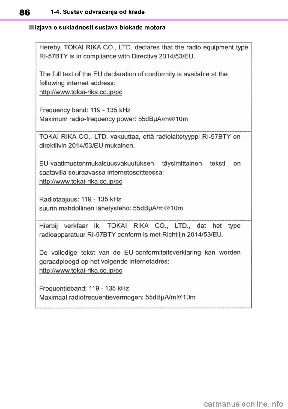 TOYOTA RAV4 2019 Upute Za Rukovanje (in Croatian) 861-4. Sustav odvraćanja od krađe
■Izjava o sukladnosti sustava blokade motora TOYOTA RAV4 2019 Upute Za Rukovanje (in Croatian) 861-4. Sustav odvraćanja od krađe
■Izjava o sukladnosti sustava blokade motora