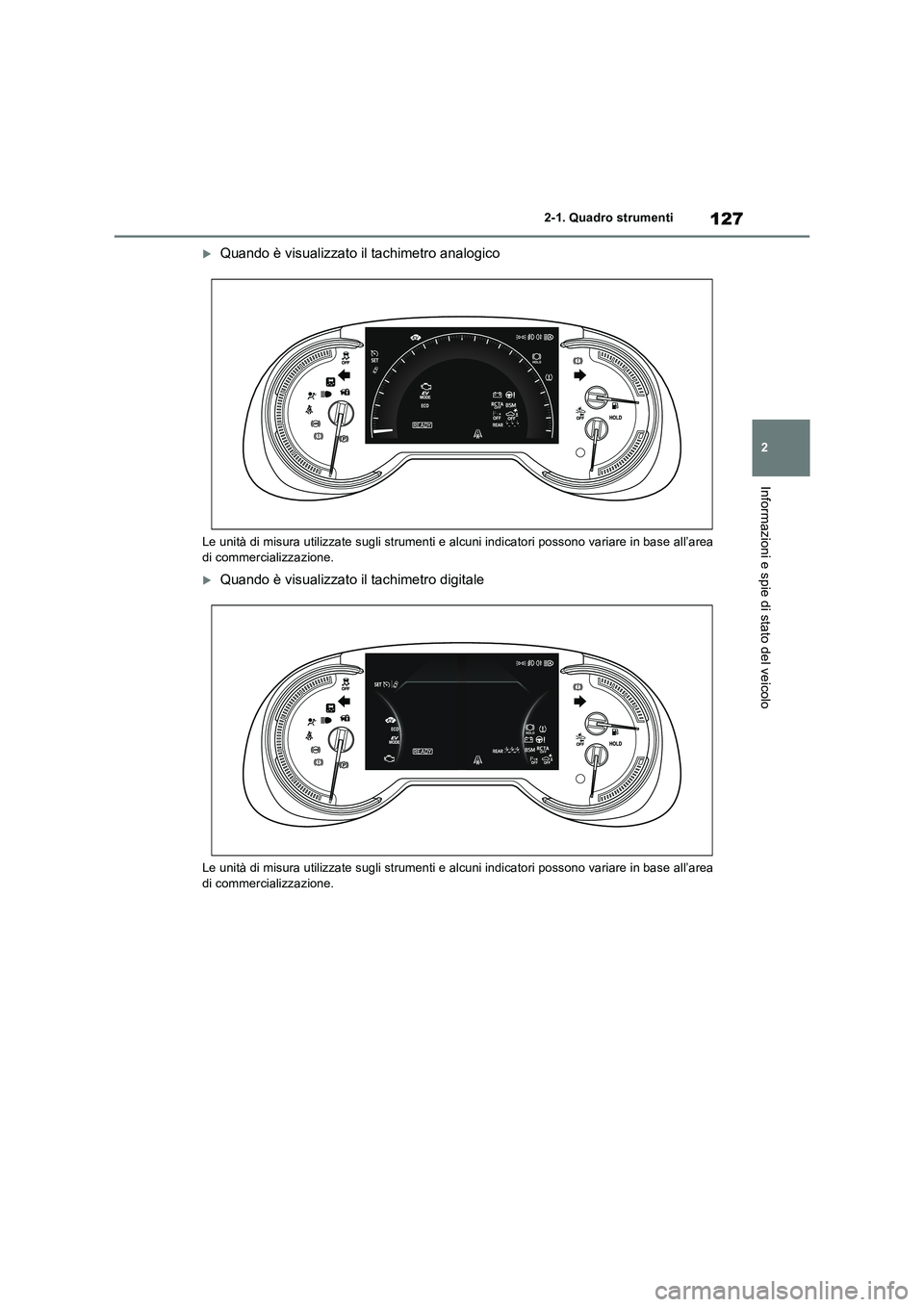 TOYOTA RAV4 2019 Manuale duso (in Italian) 127
2
2-1. Quadro strumenti
Informazioni e spie di stato del veicolo
Quando è visualizzato il tachimetro analogico
Le unità di misura utilizzate sugli strumenti e alcuni indicatori possono varia TOYOTA RAV4 2019 Manuale duso (in Italian) 127
2
2-1. Quadro strumenti
Informazioni e spie di stato del veicolo
Quando è visualizzato il tachimetro analogico
Le unità di misura utilizzate sugli strumenti e alcuni indicatori possono varia