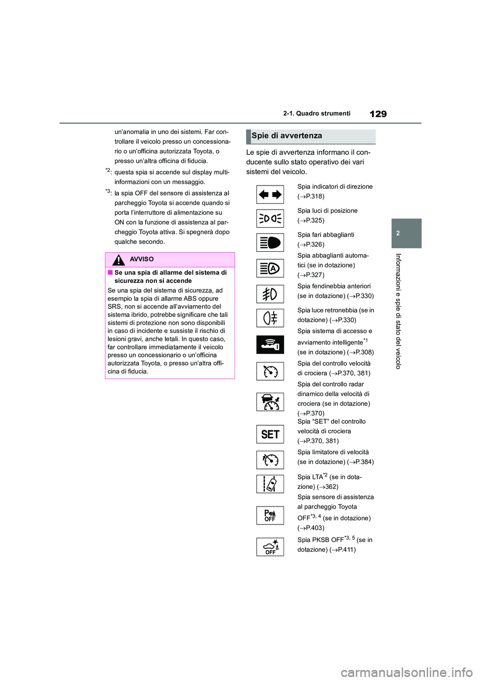 TOYOTA RAV4 2019 Manuale duso (in Italian) 129
2
2-1. Quadro strumenti
Informazioni e spie di stato del veicolo
un’anomalia in uno dei sistemi. Far con-
trollare il veicolo presso un concessiona-
rio o un’officina autorizzata Toyota, o
TOYOTA RAV4 2019 Manuale duso (in Italian) 129
2
2-1. Quadro strumenti
Informazioni e spie di stato del veicolo
un’anomalia in uno dei sistemi. Far con-
trollare il veicolo presso un concessiona-
rio o un’officina autorizzata Toyota, o