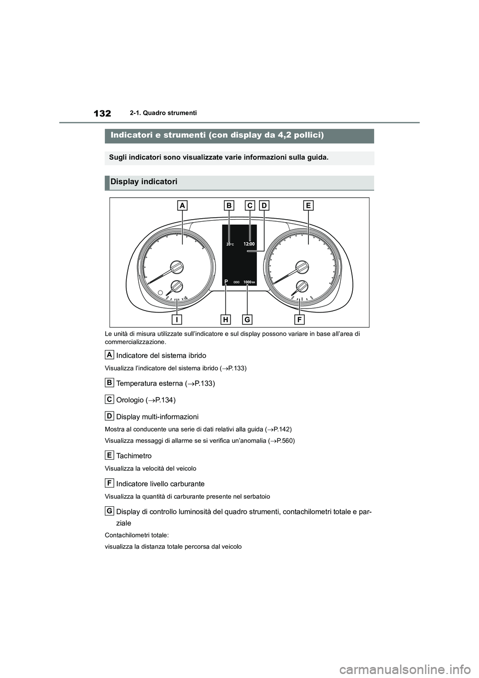 TOYOTA RAV4 2019  Manuale duso (in Italian) 1322-1. Quadro strumenti
Le unità di misura utilizzate sull’indicatore e sul display possono variare in base all’area di 
commercializzazione.
Indicatore del sistema ibrido
Visualizza l’indicat
