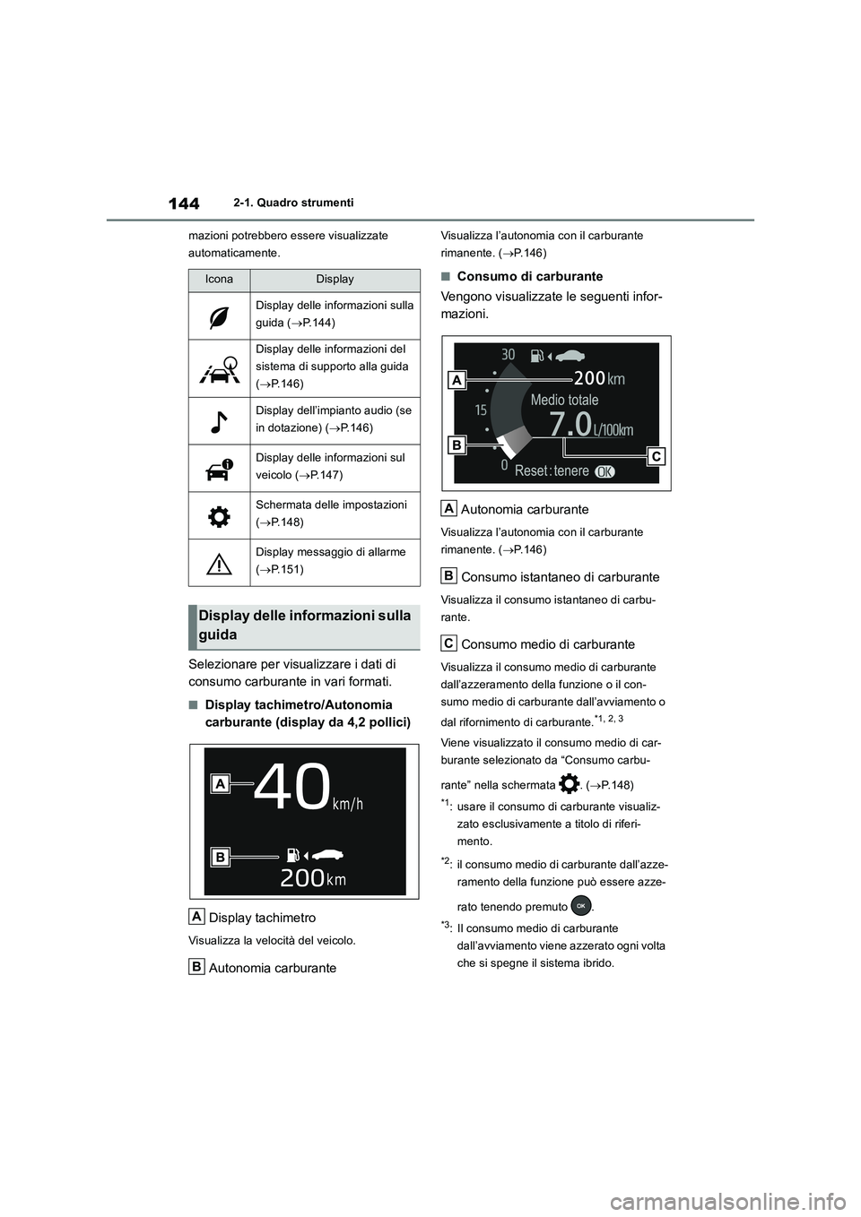 TOYOTA RAV4 2019 Manuale duso (in Italian) 1442-1. Quadro strumenti
mazioni potrebbero essere visualizzate
automaticamente.
Selezionare per visualizzare i dati di
consumo carburante in vari formati.
■Display tachimetro/Autonomia
carburant TOYOTA RAV4 2019 Manuale duso (in Italian) 1442-1. Quadro strumenti
mazioni potrebbero essere visualizzate
automaticamente.
Selezionare per visualizzare i dati di
consumo carburante in vari formati.
■Display tachimetro/Autonomia
carburant
