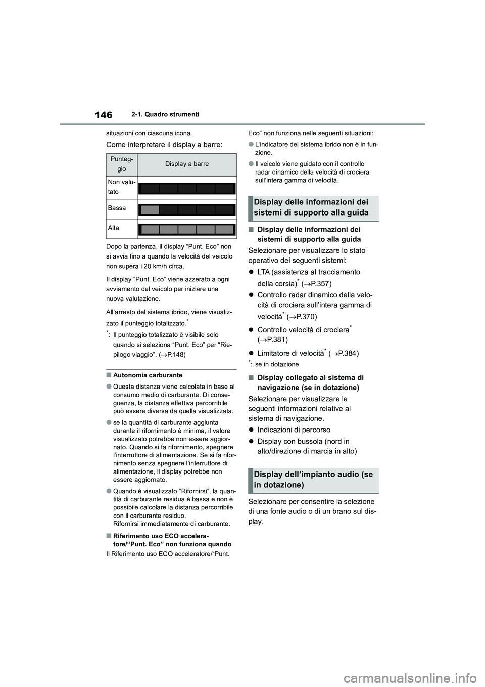TOYOTA RAV4 2019 Manuale duso (in Italian) 1462-1. Quadro strumenti
situazioni con ciascuna icona.
Come interpretare il display a barre:
Dopo la partenza, il display “Punt. Eco” non
si avvia fino a quando la velocità del veicolo
non sup TOYOTA RAV4 2019 Manuale duso (in Italian) 1462-1. Quadro strumenti
situazioni con ciascuna icona.
Come interpretare il display a barre:
Dopo la partenza, il display “Punt. Eco” non
si avvia fino a quando la velocità del veicolo
non sup