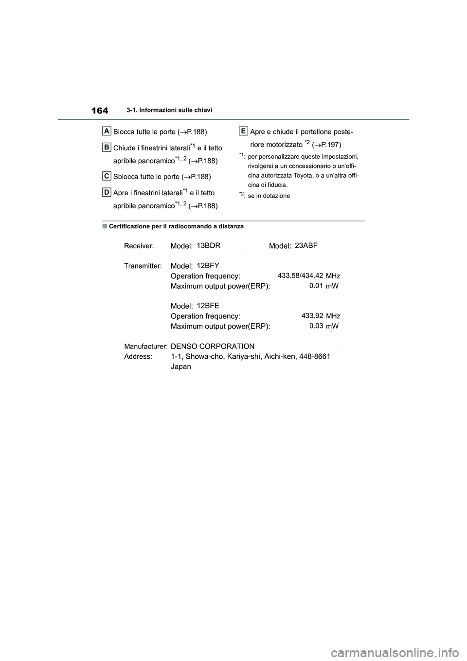 TOYOTA RAV4 2019  Manuale duso (in Italian) 1643-1. Informazioni sulle chiavi
Blocca tutte le porte (P.188)
Chiude i finestrini laterali
*1 e il tetto 
apribile panoramico
*1, 2 (P.188)
Sblocca tutte le porte (P.188)
Apre i finestrini 