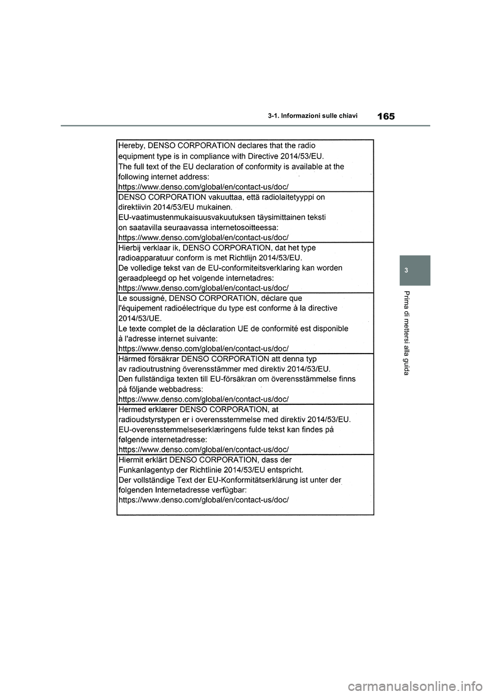TOYOTA RAV4 2019  Manuale duso (in Italian) 165
3 3-1. Informazioni sulle chiavi
Prima di mettersi alla guida 
