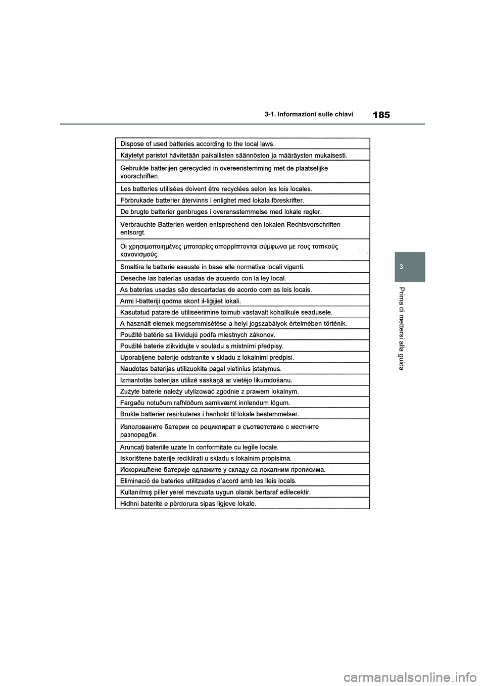 TOYOTA RAV4 2019  Manuale duso (in Italian) 185
3 3-1. Informazioni sulle chiavi
Prima di mettersi alla guida 