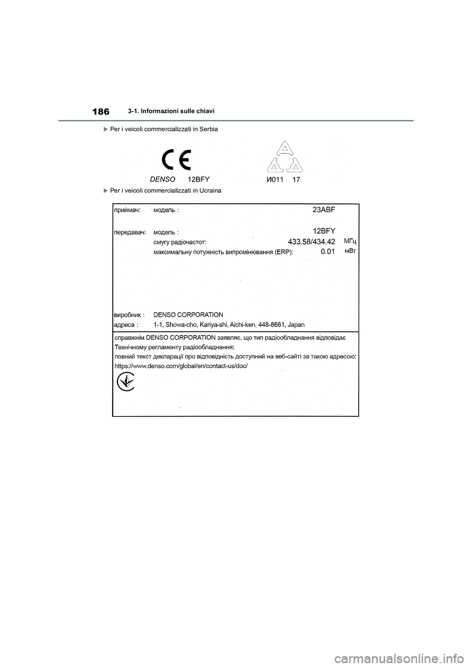 TOYOTA RAV4 2019  Manuale duso (in Italian) 1863-1. Informazioni sulle chiavi
Per i veicoli commercializzati in Serbia
Per i veicoli commercializzati in Ucraina 