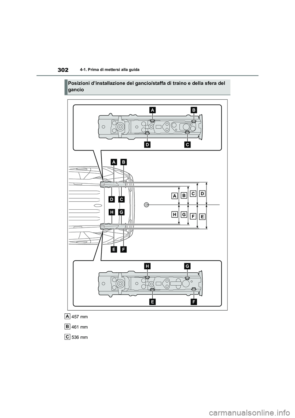 TOYOTA RAV4 2019 Manuale duso (in Italian) 3024-1. Prima di mettersi alla guida
457 mm
461 mm
536 mm
Posizioni d’installazione del gancio/staffa di traino e della sfera del
gancio
A
B
C TOYOTA RAV4 2019 Manuale duso (in Italian) 3024-1. Prima di mettersi alla guida
457 mm
461 mm
536 mm
Posizioni d’installazione del gancio/staffa di traino e della sfera del
gancio
A
B
C