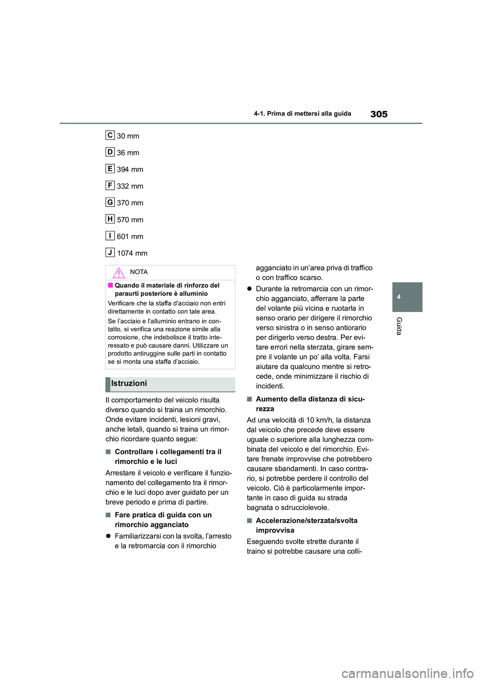 TOYOTA RAV4 2019 Manuale duso (in Italian) 305
4
4-1. Prima di mettersi alla guida
Guida
30 mm
36 mm
394 mm
332 mm
370 mm
570 mm
601 mm
1074 mm
Il comportamento del veicolo risulta
diverso quando si traina un rimorchio.
Onde evitare TOYOTA RAV4 2019 Manuale duso (in Italian) 305
4
4-1. Prima di mettersi alla guida
Guida
30 mm
36 mm
394 mm
332 mm
370 mm
570 mm
601 mm
1074 mm
Il comportamento del veicolo risulta
diverso quando si traina un rimorchio.
Onde evitare