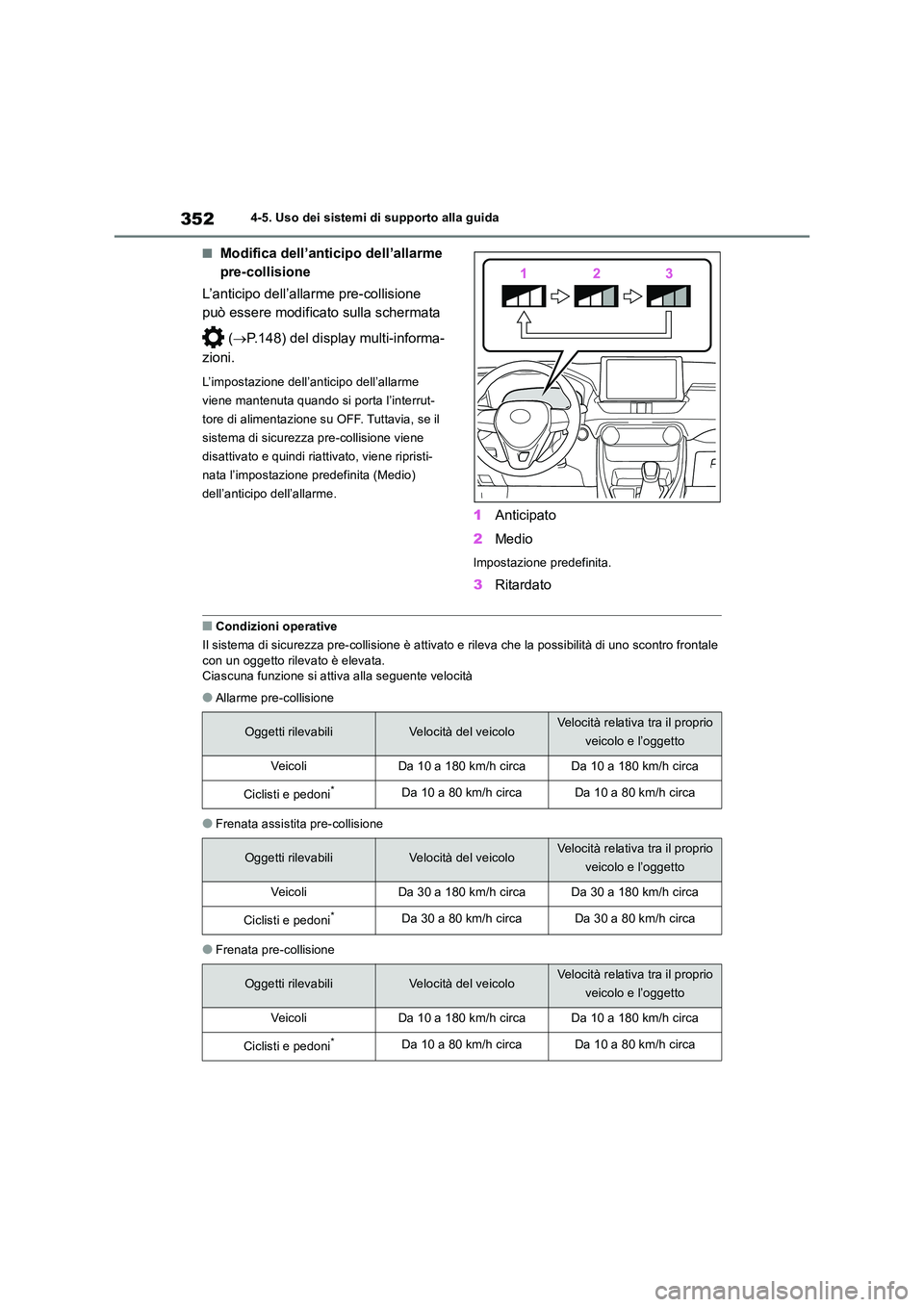 TOYOTA RAV4 2019  Manuale duso (in Italian) 3524-5. Uso dei sistemi di supporto alla guida
■Modifica dell’anticipo dell’allarme  
pre-collisione 
L’anticipo dell’allarme pre-collisione  
può essere modificato sulla schermata  
 ( 