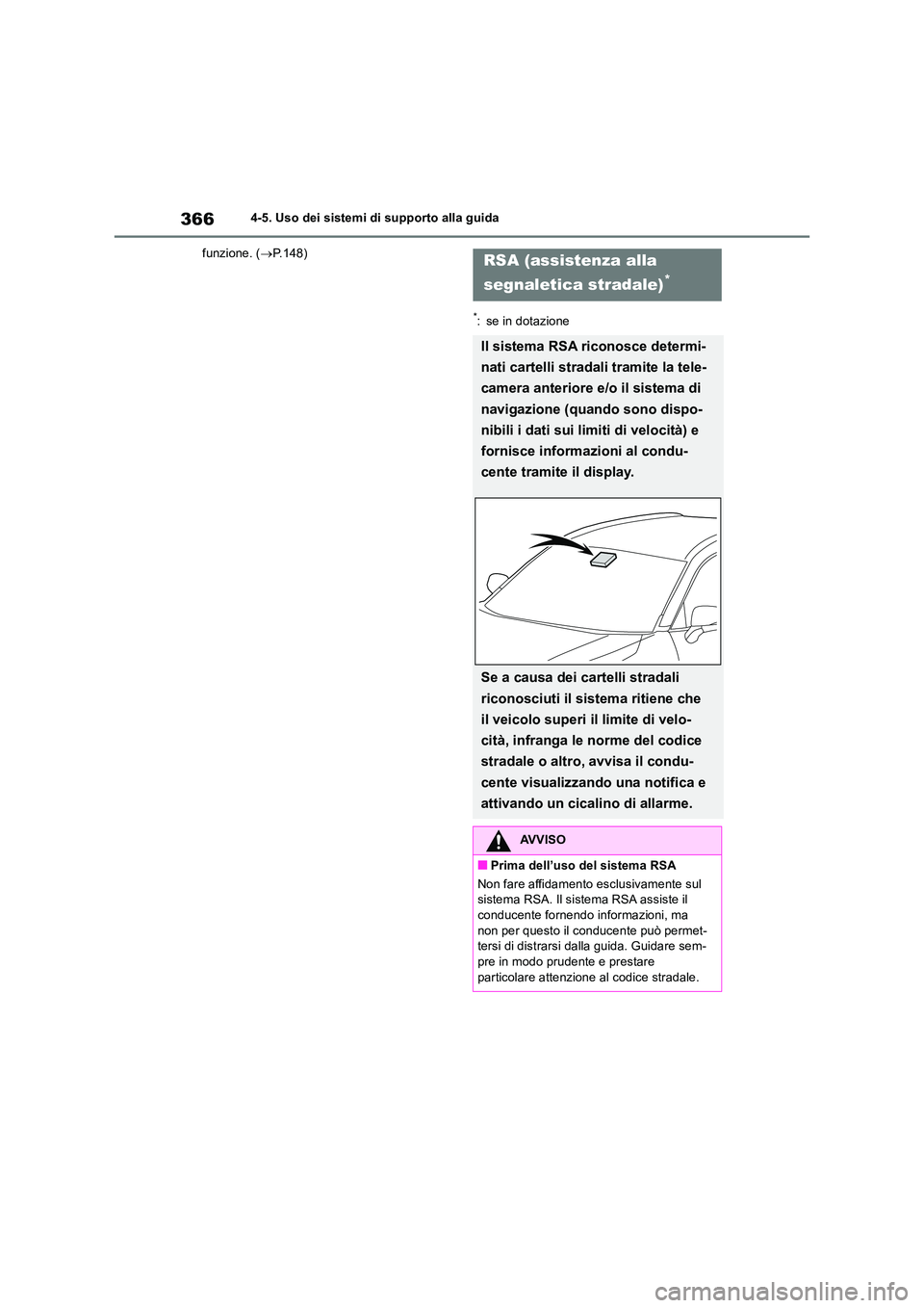 TOYOTA RAV4 2019 Manuale duso (in Italian) 3664-5. Uso dei sistemi di supporto alla guida
funzione. ( P.148)
*: se in dotazione
RSA (assistenza alla
segnaletica stradale)*
Il sistema RSA riconosce determi-
nati cartelli stradali tramite TOYOTA RAV4 2019 Manuale duso (in Italian) 3664-5. Uso dei sistemi di supporto alla guida
funzione. ( P.148)
*: se in dotazione
RSA (assistenza alla
segnaletica stradale)*
Il sistema RSA riconosce determi-
nati cartelli stradali tramite