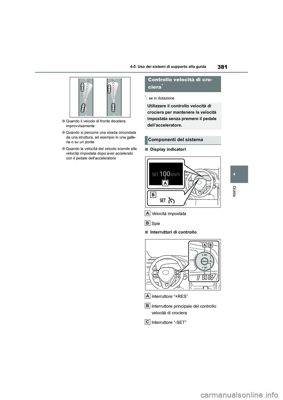 TOYOTA RAV4 2019 Manuale duso (in Italian) 381
4 4-5. Uso dei sistemi di supporto alla guida
Guida
●Quando il veicolo di fronte decelera
improvvisamente
●Quando si percorre una strada circondata
da una struttura, ad esempio in una galle- TOYOTA RAV4 2019 Manuale duso (in Italian) 381
4 4-5. Uso dei sistemi di supporto alla guida
Guida
●Quando il veicolo di fronte decelera
improvvisamente
●Quando si percorre una strada circondata
da una struttura, ad esempio in una galle-