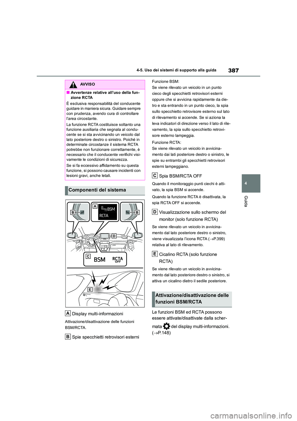 TOYOTA RAV4 2019 Manuale duso (in Italian) 387
4
4-5. Uso dei sistemi di supporto alla guida
Guida
Display multi-informazioni
Attivazione/disattivazione delle funzioni
BSM/RCTA.
Spie specchietti retrovisori esterni
Funzione BSM:
Se viene ri TOYOTA RAV4 2019 Manuale duso (in Italian) 387
4
4-5. Uso dei sistemi di supporto alla guida
Guida
Display multi-informazioni
Attivazione/disattivazione delle funzioni
BSM/RCTA.
Spie specchietti retrovisori esterni
Funzione BSM:
Se viene ri