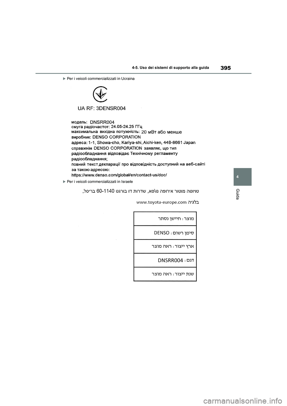 TOYOTA RAV4 2019 Manuale duso (in Italian) 395
4 4-5. Uso dei sistemi di supporto alla guida
Guida
Per i veicoli commercializzati in Ucraina
Per i veicoli commercializzati in Israele TOYOTA RAV4 2019 Manuale duso (in Italian) 395
4 4-5. Uso dei sistemi di supporto alla guida
Guida
Per i veicoli commercializzati in Ucraina
Per i veicoli commercializzati in Israele