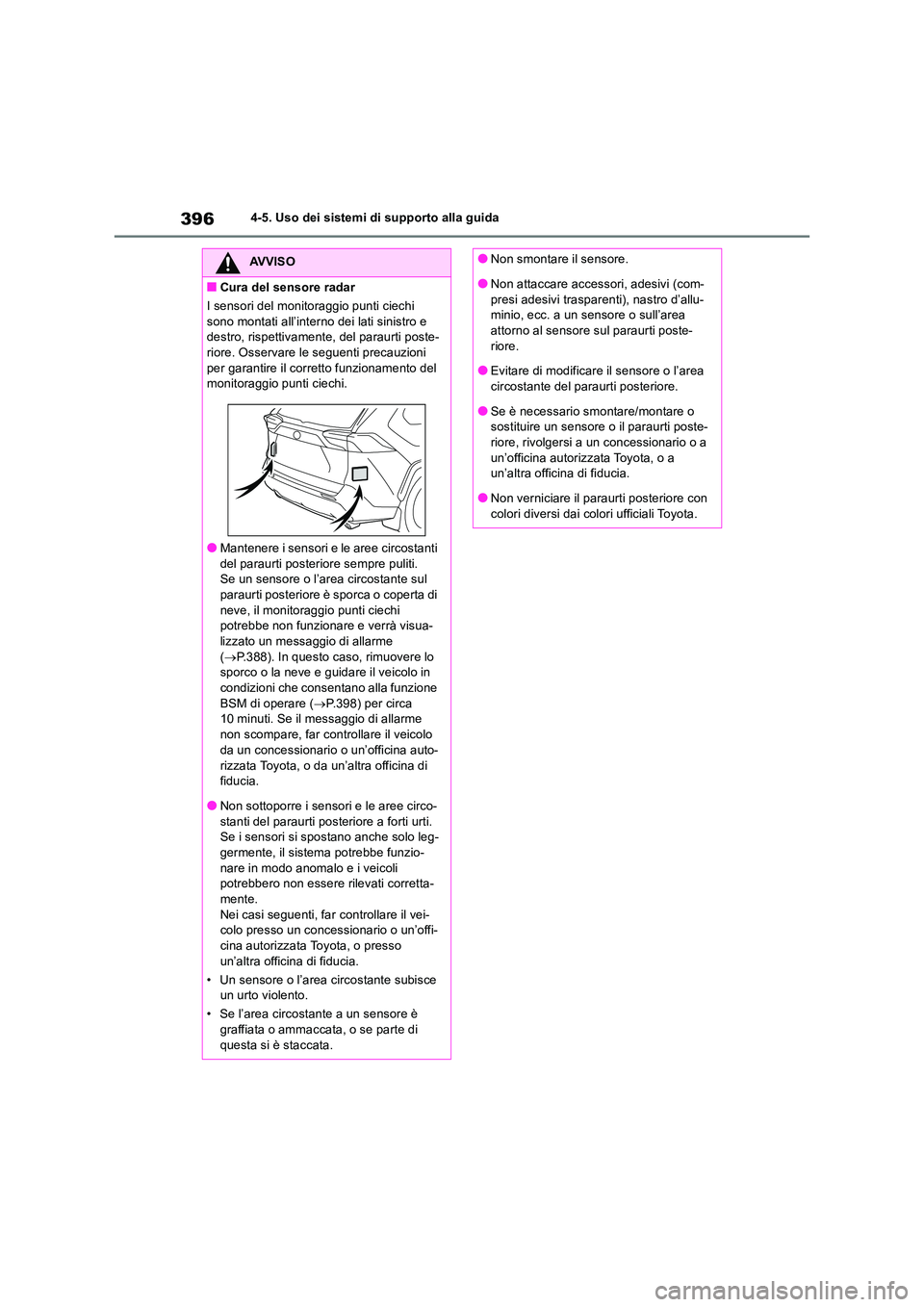 TOYOTA RAV4 2019 Manuale duso (in Italian) 3964-5. Uso dei sistemi di supporto alla guida
AVVISO
■Cura del sensore radar
I sensori del monitoraggio punti ciechi
sono montati all’interno dei lati sinistro e destro, rispettivamente, del TOYOTA RAV4 2019 Manuale duso (in Italian) 3964-5. Uso dei sistemi di supporto alla guida
AVVISO
■Cura del sensore radar
I sensori del monitoraggio punti ciechi
sono montati all’interno dei lati sinistro e destro, rispettivamente, del