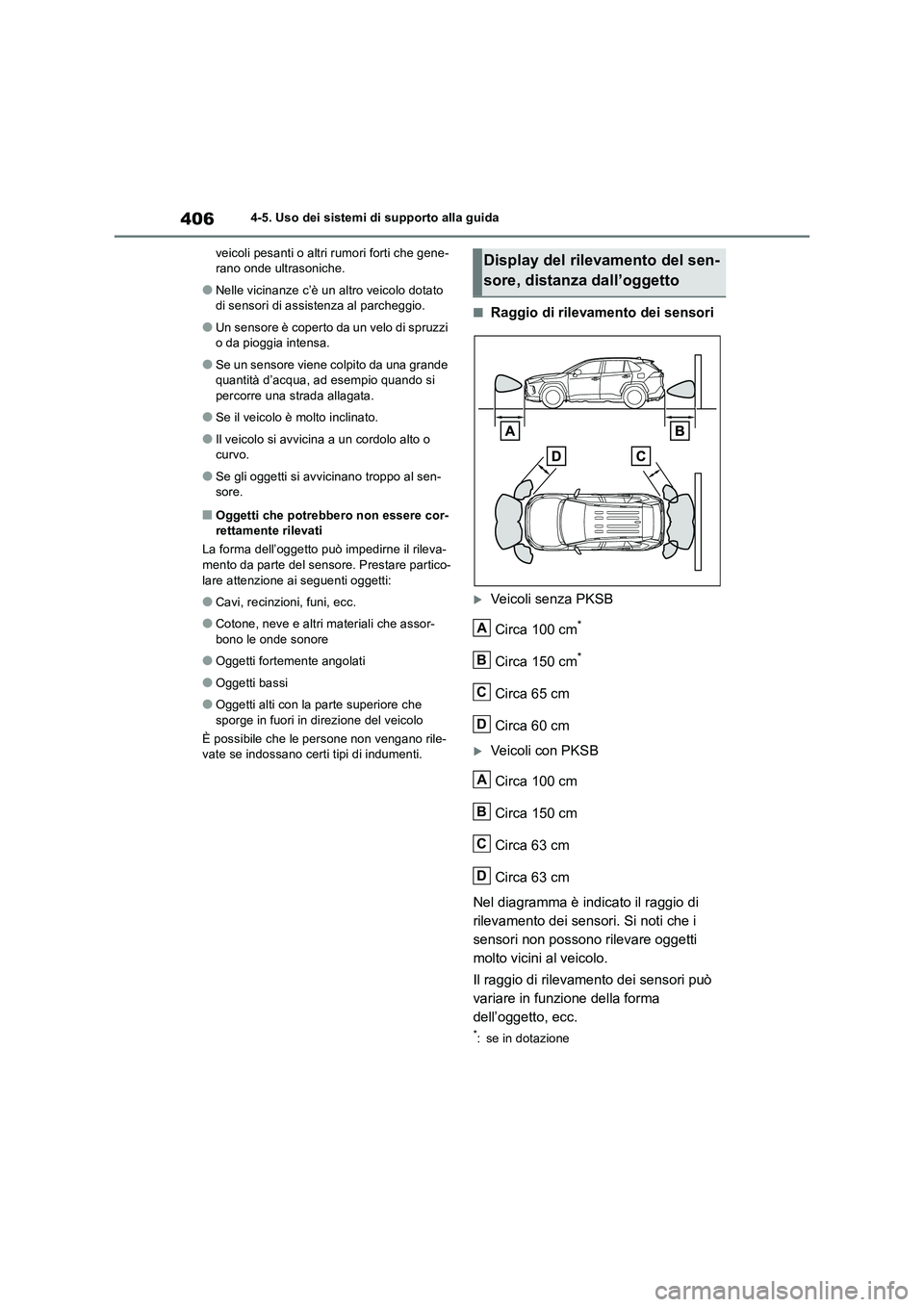 TOYOTA RAV4 2019 Manuale duso (in Italian) 4064-5. Uso dei sistemi di supporto alla guida
veicoli pesanti o altri rumori forti che gene-
rano onde ultrasoniche.
●Nelle vicinanze c’è un altro veicolo dotato
di sensori di assistenza al par TOYOTA RAV4 2019 Manuale duso (in Italian) 4064-5. Uso dei sistemi di supporto alla guida
veicoli pesanti o altri rumori forti che gene-
rano onde ultrasoniche.
●Nelle vicinanze c’è un altro veicolo dotato
di sensori di assistenza al par