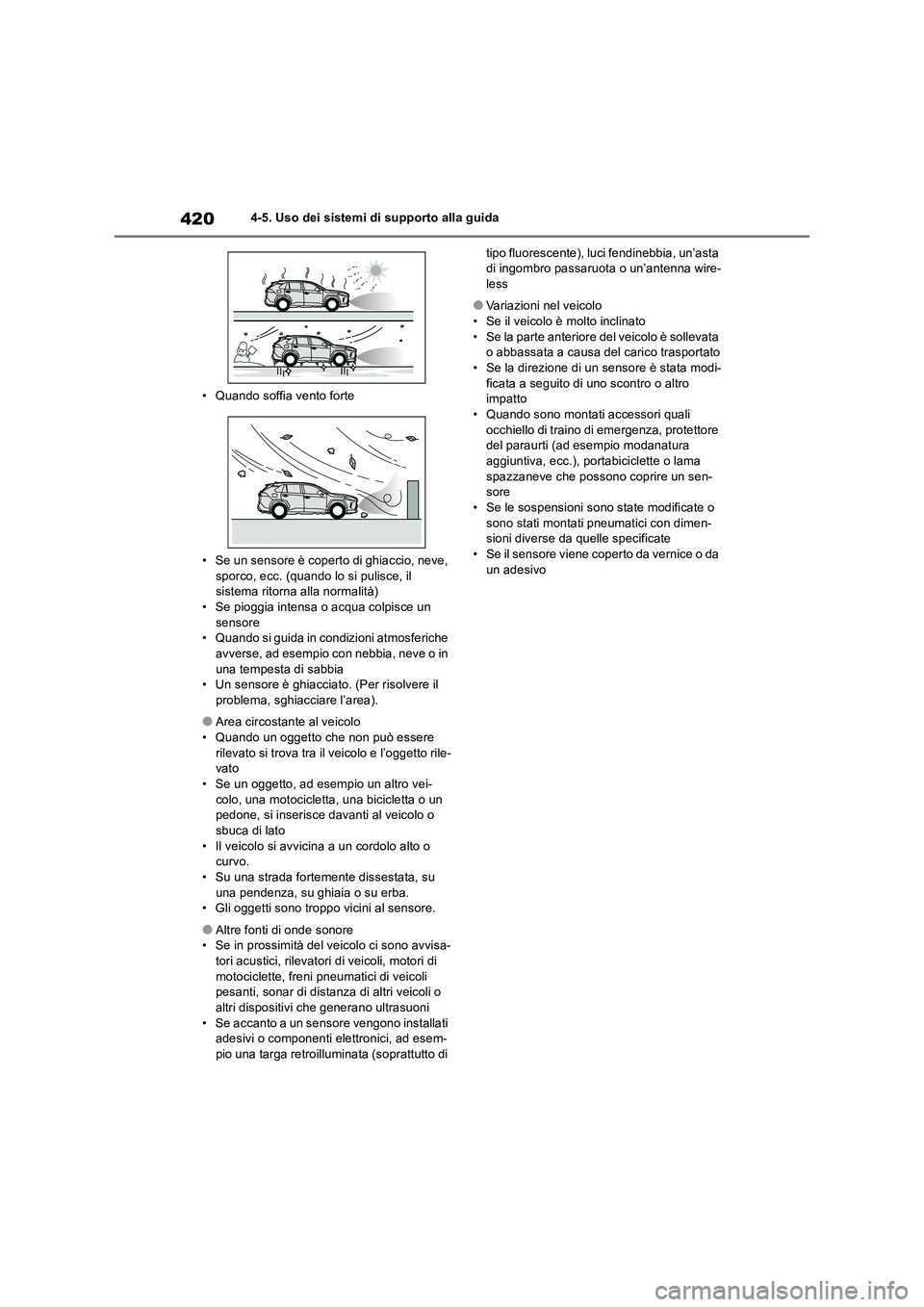 TOYOTA RAV4 2019  Manuale duso (in Italian) 4204-5. Uso dei sistemi di supporto alla guida
• Quando soffia vento forte
• Se un sensore è coperto di ghiaccio, neve, 
sporco, ecc. (quando lo si pulisce, il 
sistema ritorna alla normalità)
