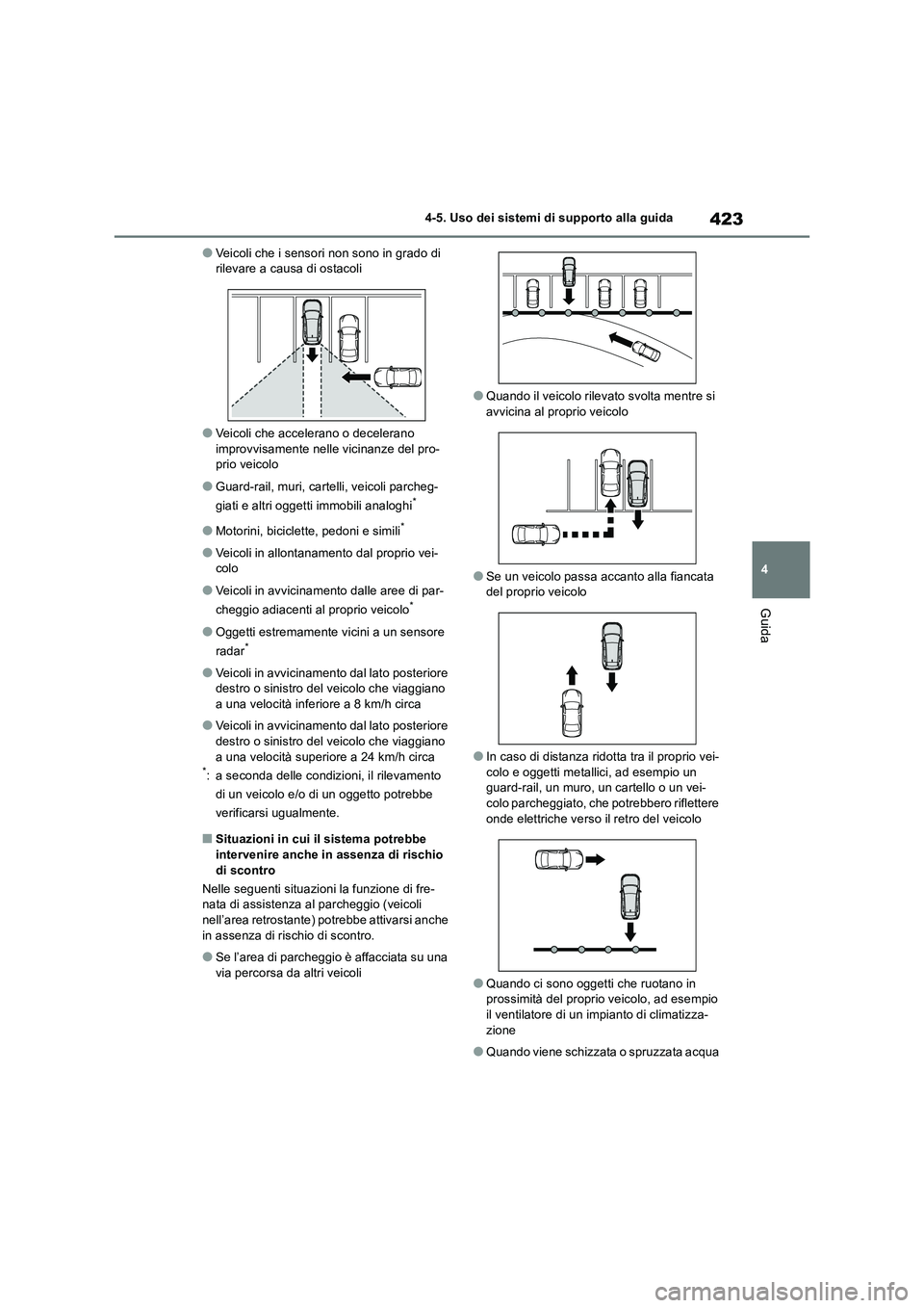 TOYOTA RAV4 2019  Manuale duso (in Italian) 423
4 4-5. Uso dei sistemi di supporto alla guida
Guida
●Veicoli che i sensori non sono in grado di 
rilevare a causa di ostacoli
●Veicoli che accelerano o decelerano 
improvvisamente nelle vicina