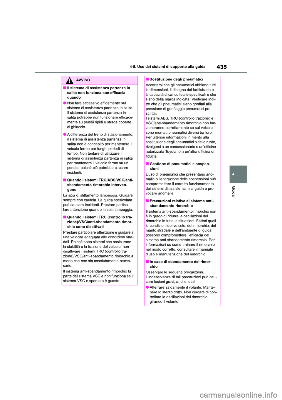 TOYOTA RAV4 2019  Manuale duso (in Italian) 435
4 
4-5. Uso dei sistemi di supporto alla guida
Guida
AVVISO
■Il sistema di assistenza partenza in  
salita non funziona con efficacia  quando
●Non fare eccessivo affidamento sul sistema di ass