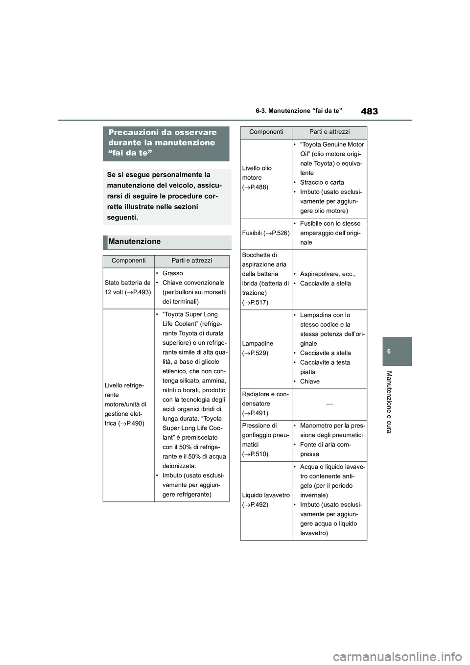 TOYOTA RAV4 2019  Manuale duso (in Italian) 483
6 6-3. Manutenzione “fai da te”
Manutenzione e cura
6-3.Manutenz ion e “ fa i da te”Precauzioni da osservare 
durante la manutenzione 
“fai da te”
Se si esegue personalmente la 
manute