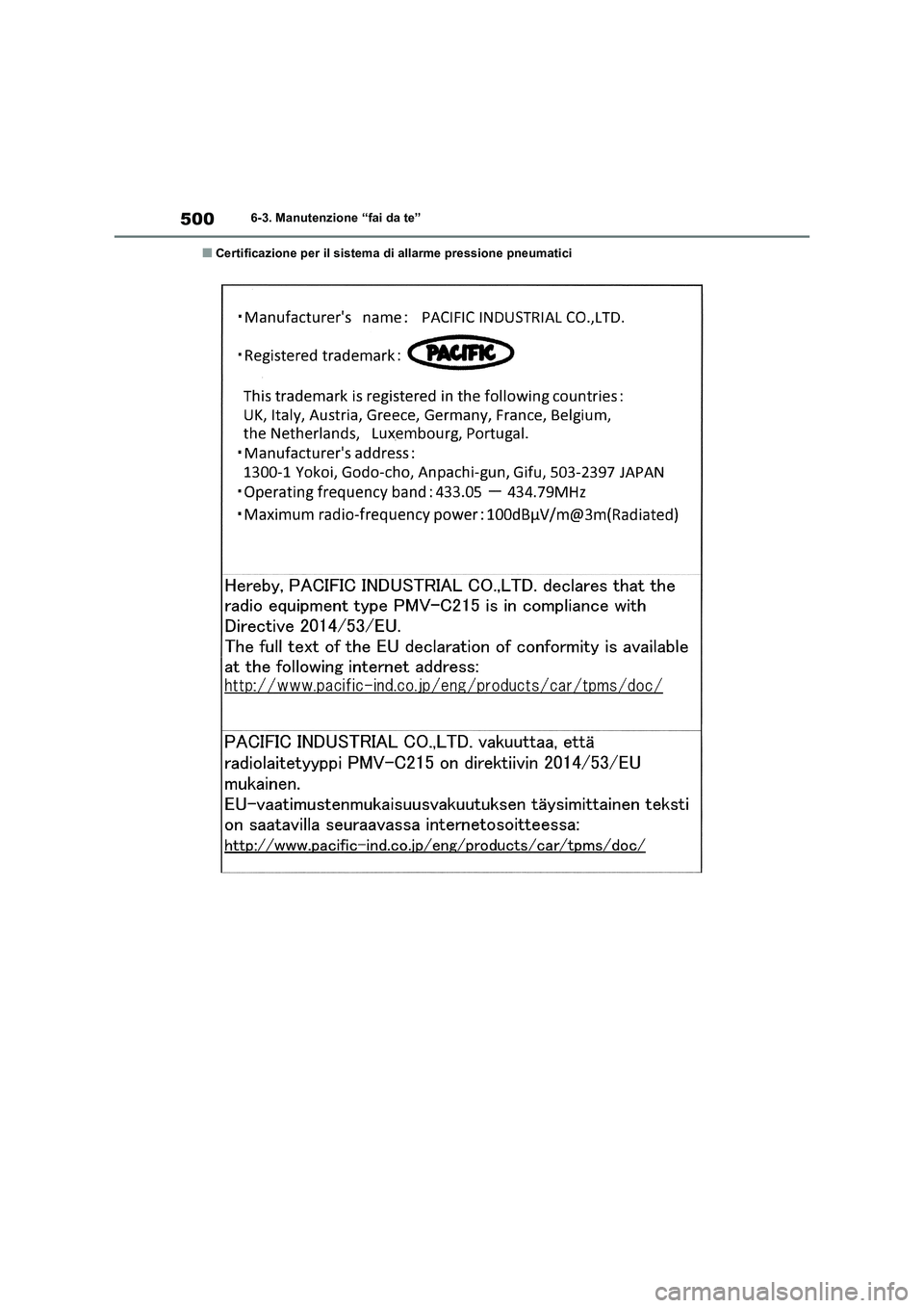 TOYOTA RAV4 2019  Manuale duso (in Italian) 5006-3. Manutenzione “fai da te”
■Certificazione per il sistema di allarme pressione pneumatici 