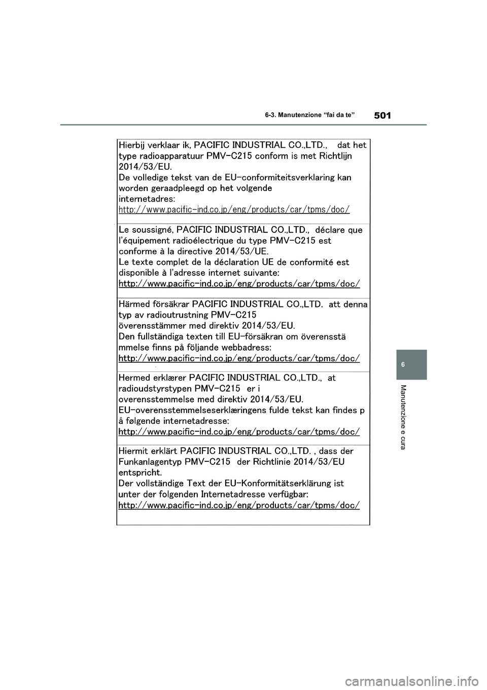 TOYOTA RAV4 2019  Manuale duso (in Italian) 501
6 6-3. Manutenzione “fai da te”
Manutenzione e cura 
