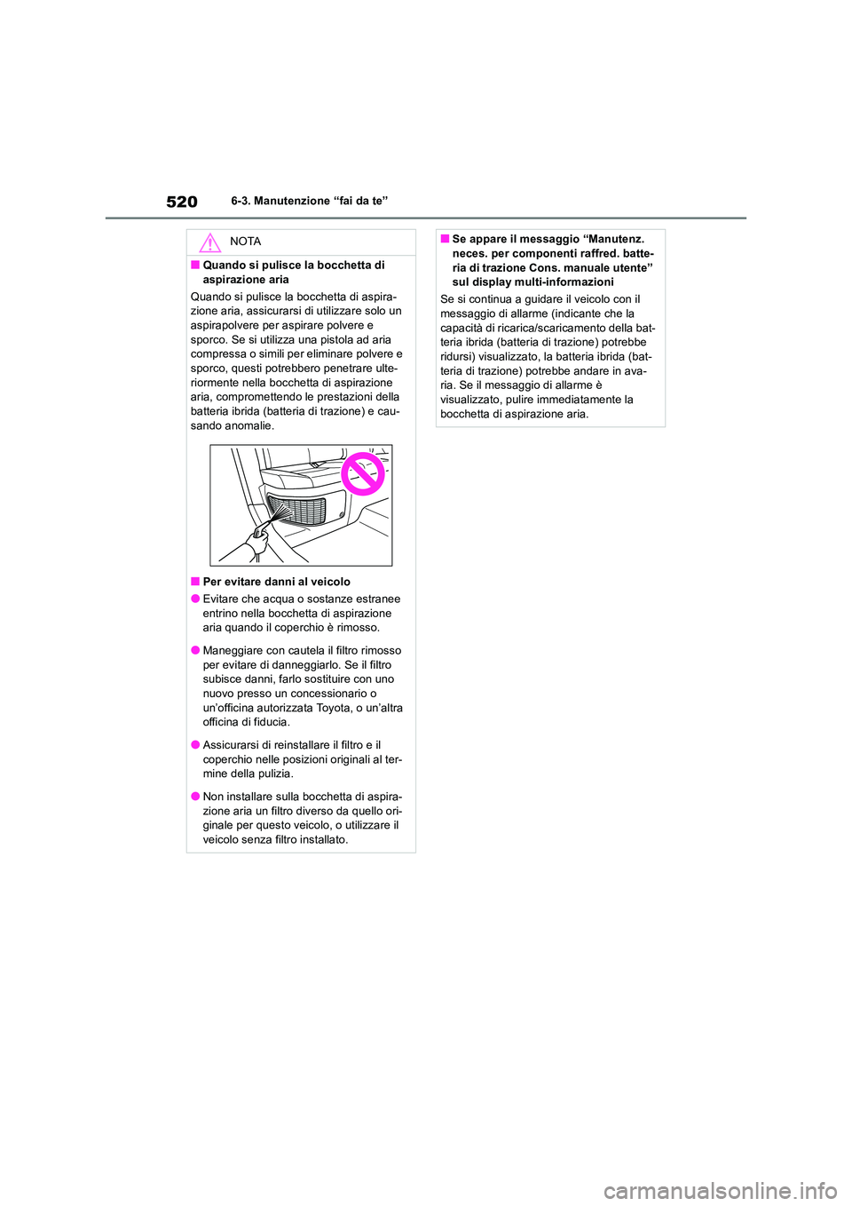 TOYOTA RAV4 2019  Manuale duso (in Italian) 5206-3. Manutenzione “fai da te”
NOTA
■Quando si pulisce la bocchetta di  
aspirazione aria 
Quando si pulisce la bocchetta di aspira- zione aria, assicurarsi di utilizzare solo un aspirapolvere