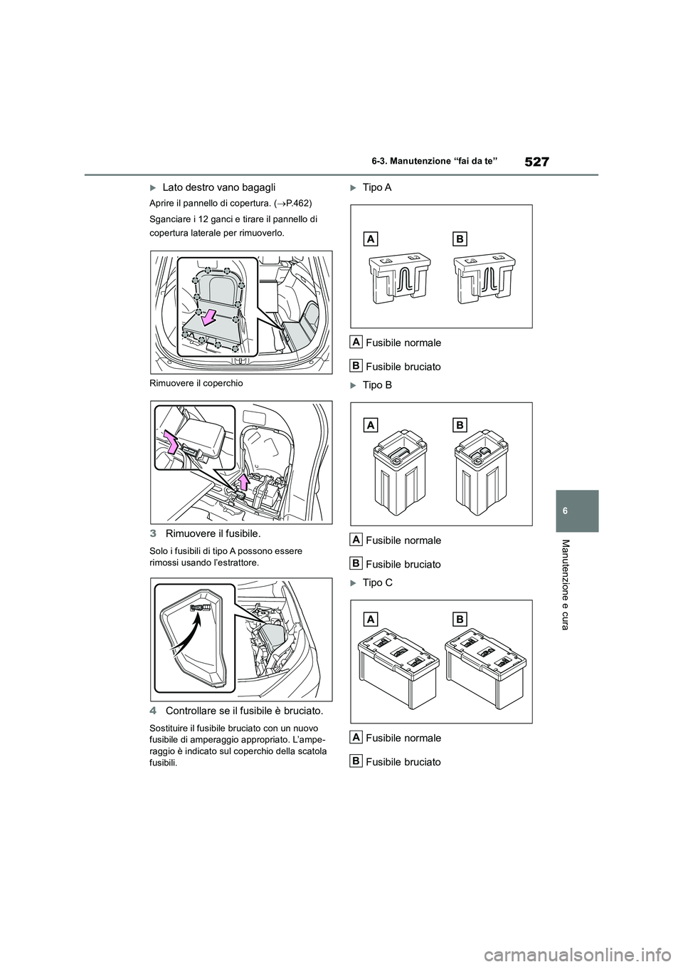 TOYOTA RAV4 2019  Manuale duso (in Italian) 527
6 6-3. Manutenzione “fai da te”
Manutenzione e cura
Lato destro vano bagagli
Aprire il pannello di copertura. (P.462)
Sganciare i 12 ganci e tirare il pannello di 
copertura laterale per