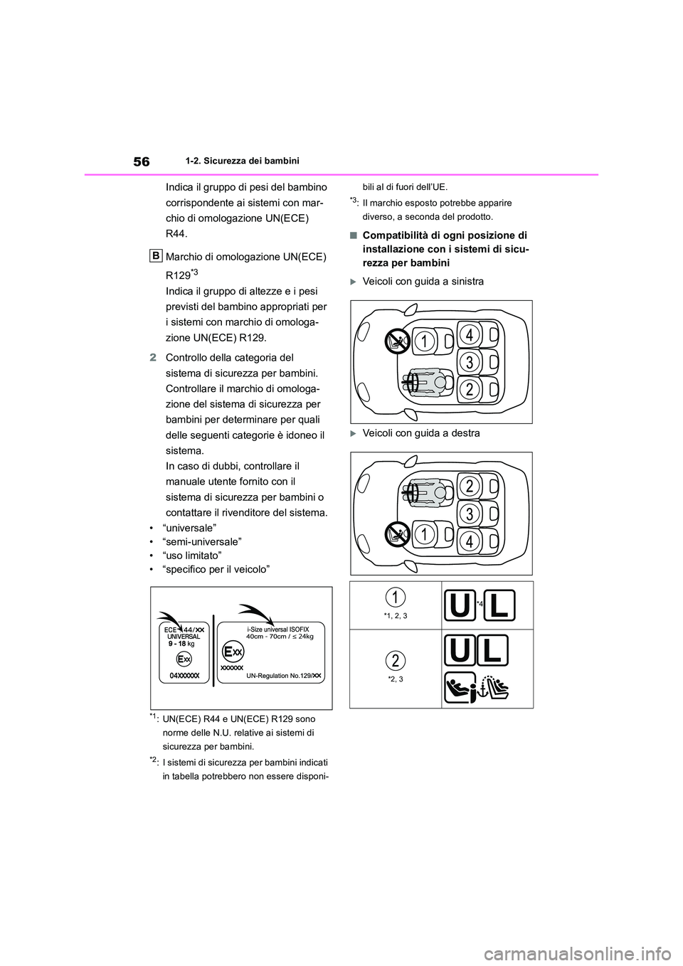 TOYOTA RAV4 2019  Manuale duso (in Italian) 561-2. Sicurezza dei bambini
Indica il gruppo di pesi del bambino  
corrispondente ai sistemi con mar- 
chio di omologazione UN(ECE)  
R44. 
Marchio di omologazione UN(ECE)  
R129*3
Indica il gruppo d