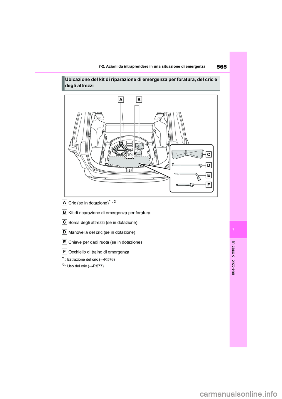 TOYOTA RAV4 2019  Manuale duso (in Italian) 565
7 
7-2. Azioni da intraprendere in una situazione di emergenza
In caso di problemi
Cric (se in dotazione)*1, 2
Kit di riparazione di emergenza per foratura 
Borsa degli attrezzi (se in dotazione)
